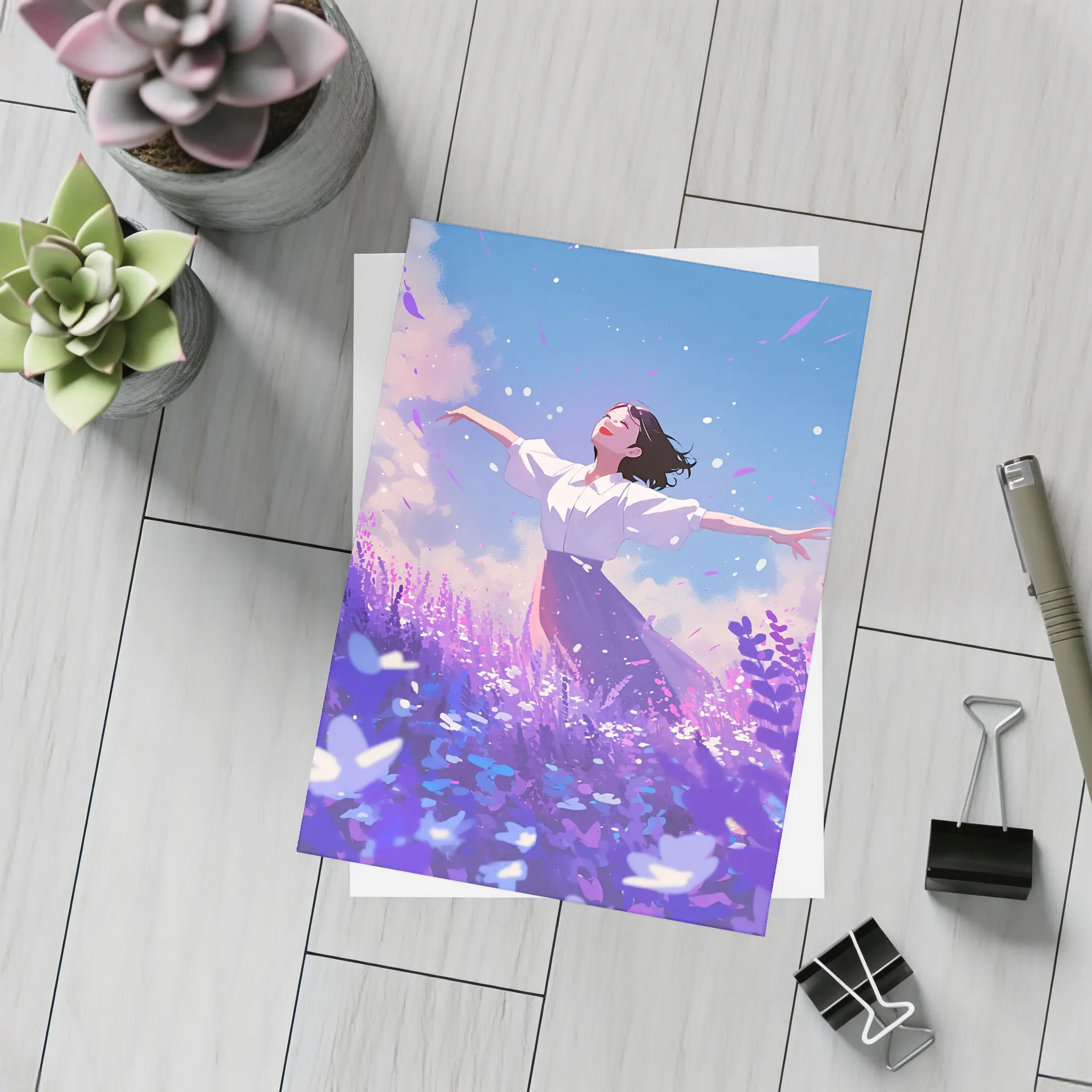 Anime Girl Dancing in Lavender Field – Postcards
