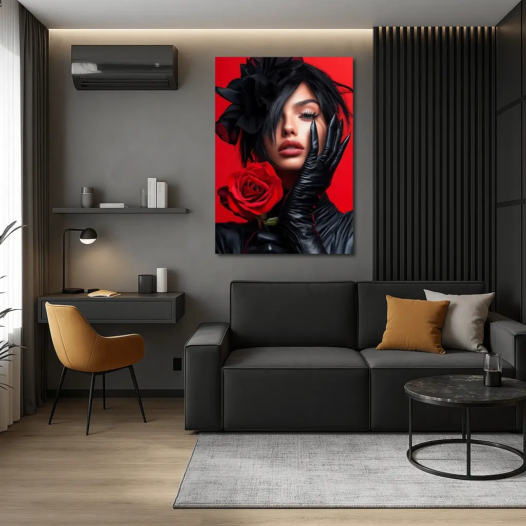 Woman Black Gloves Red Rose Fashion Portrait – Wall Art