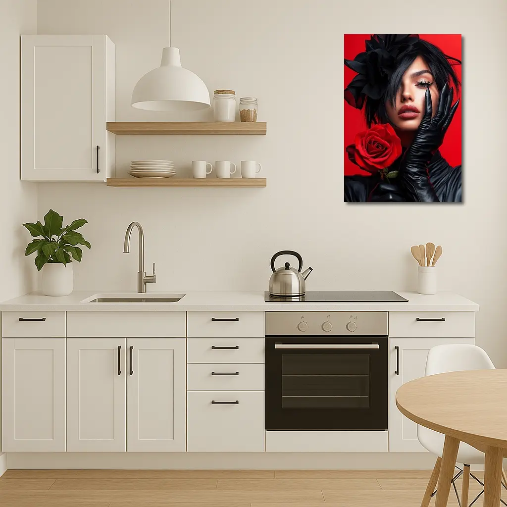 Woman Black Gloves Red Rose Fashion Portrait – Wall Art