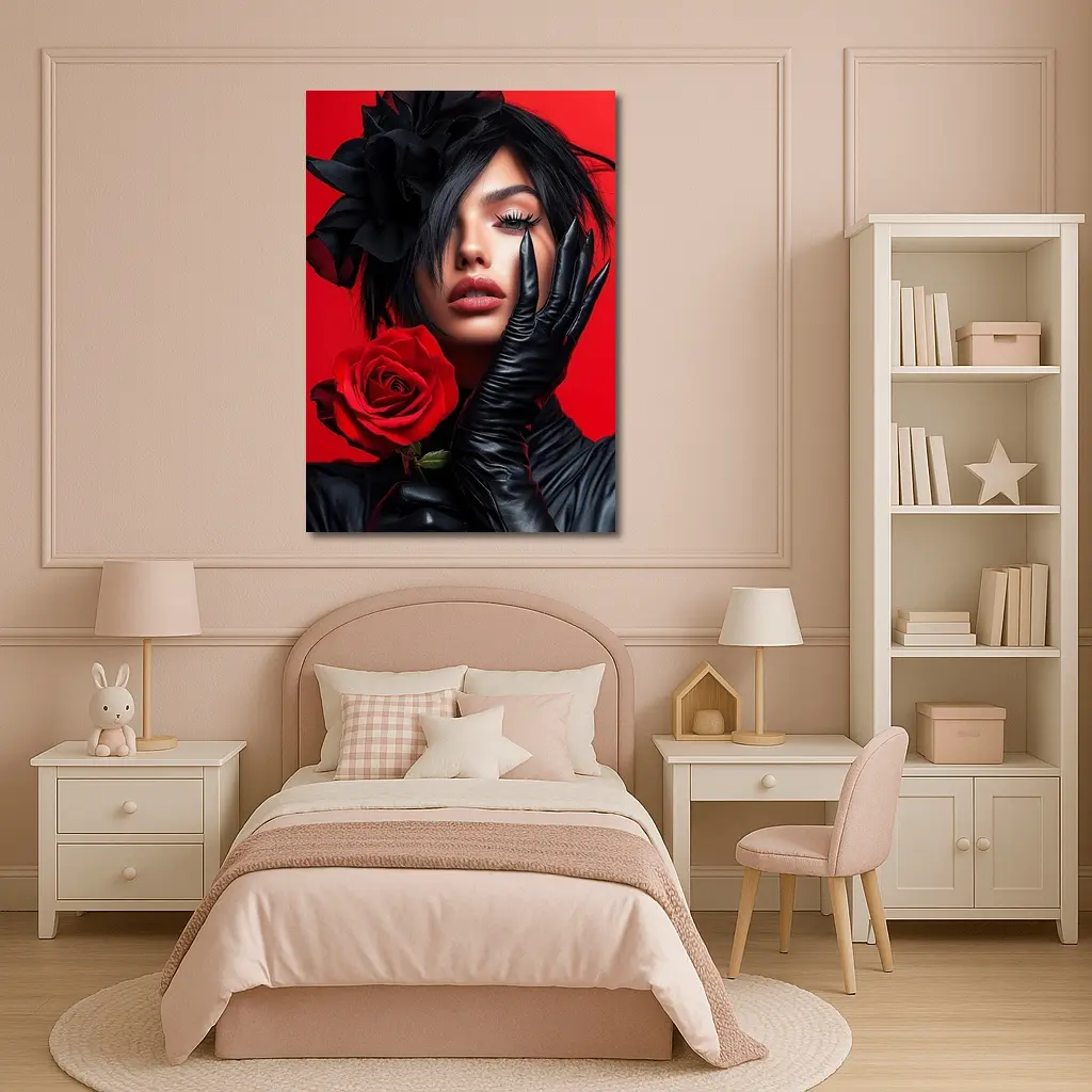 Woman Black Gloves Red Rose Fashion Portrait – Wall Art