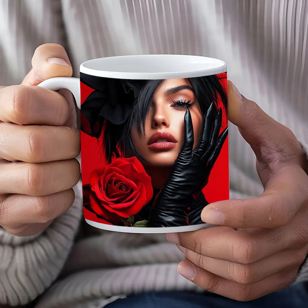 Woman Black Gloves Red Rose Fashion Portrait – Mugs