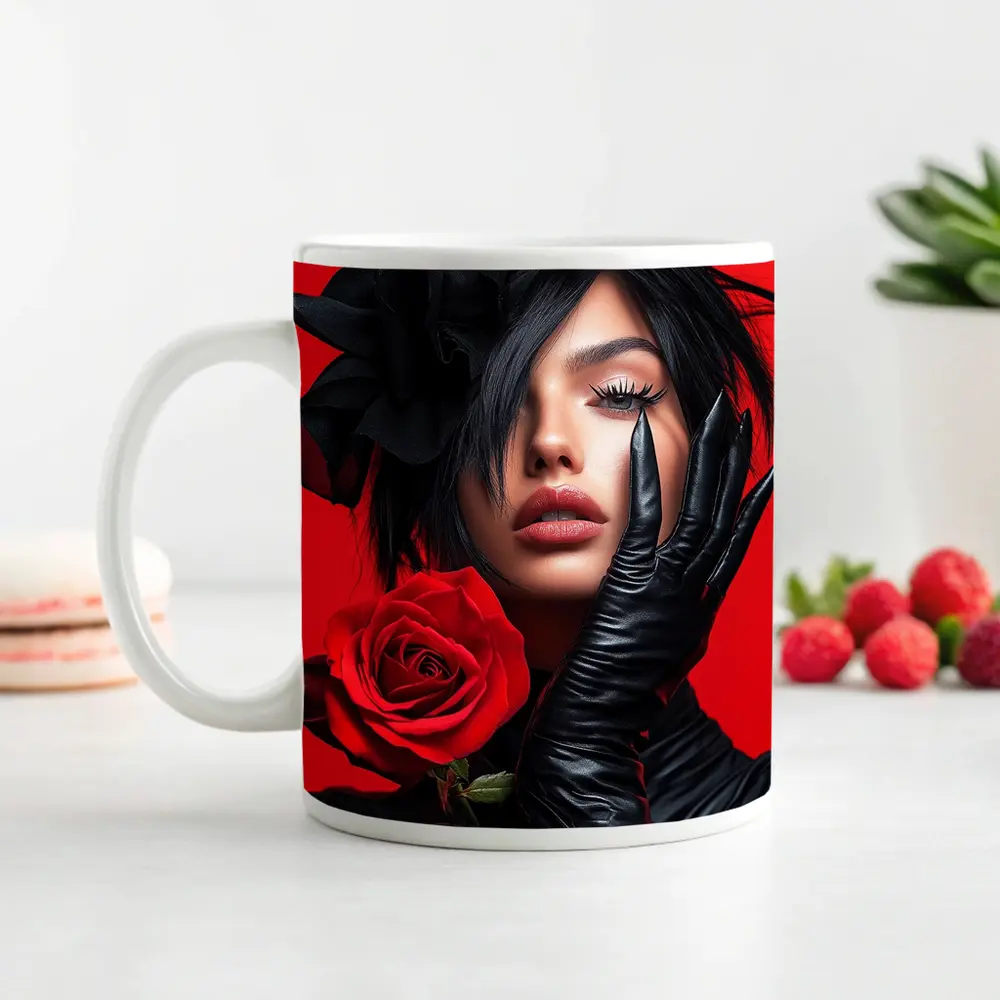 Woman Black Gloves Red Rose Fashion Portrait – Mugs