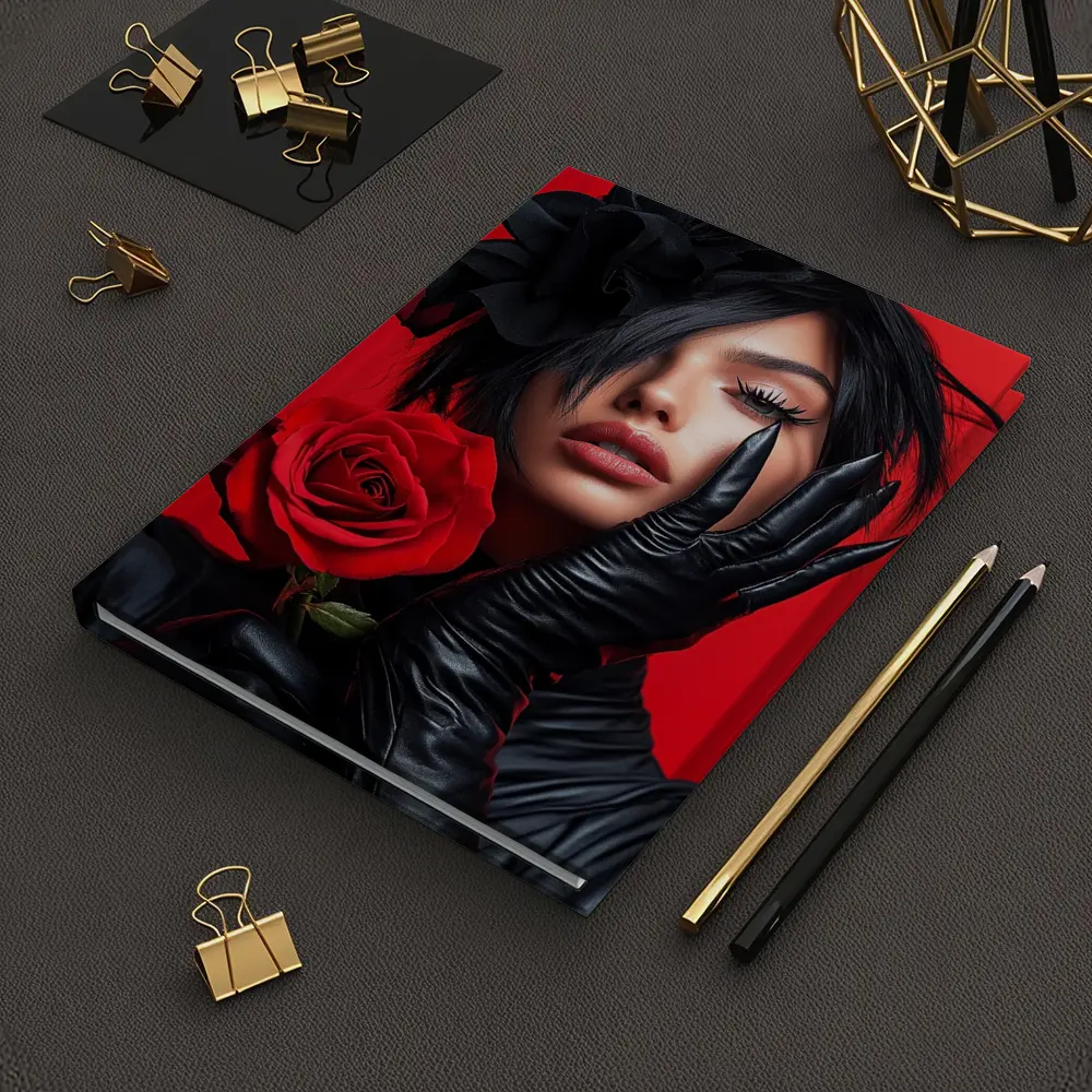 Woman Black Gloves Red Rose Fashion Portrait – Notebooks