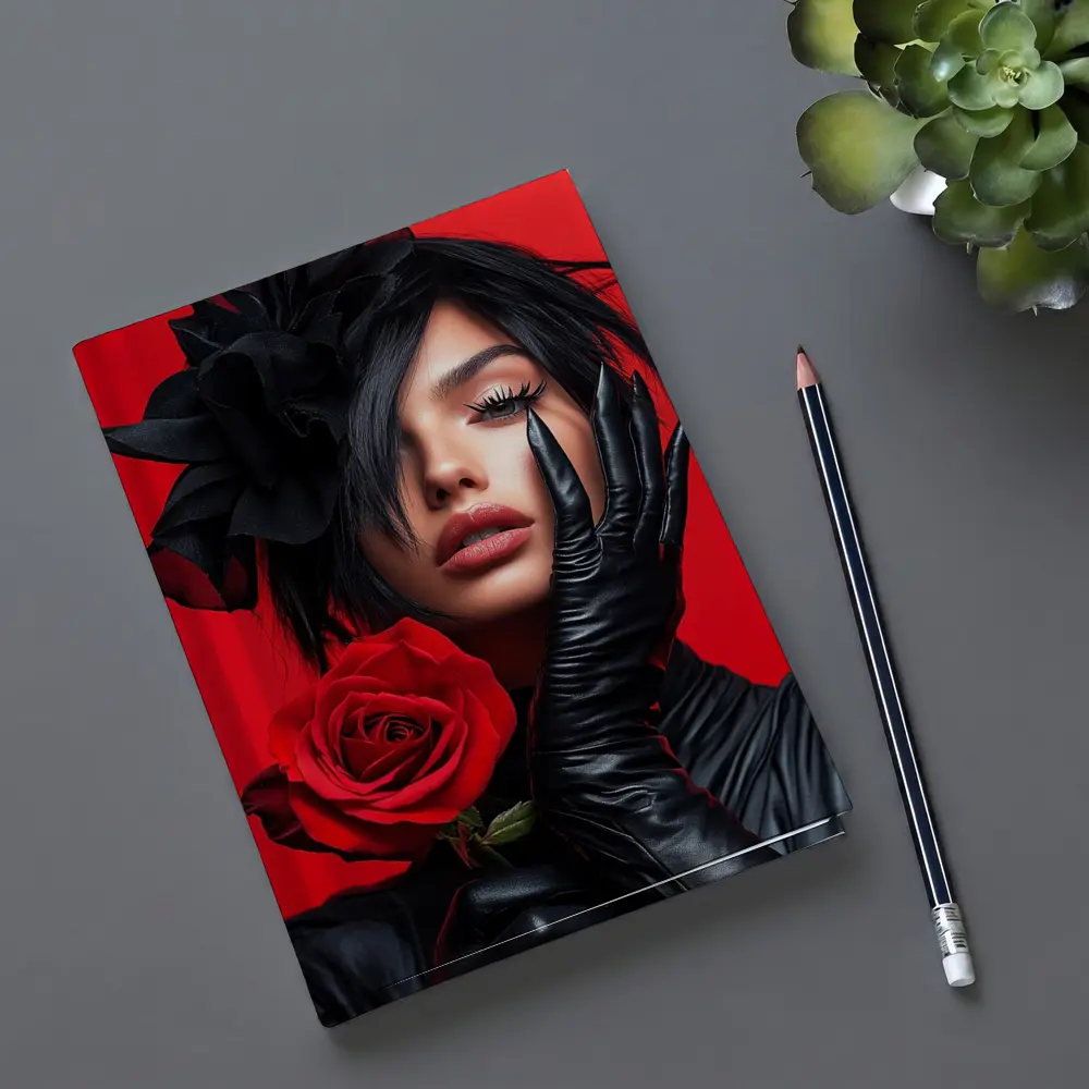 Woman Black Gloves Red Rose Fashion Portrait – Notebooks