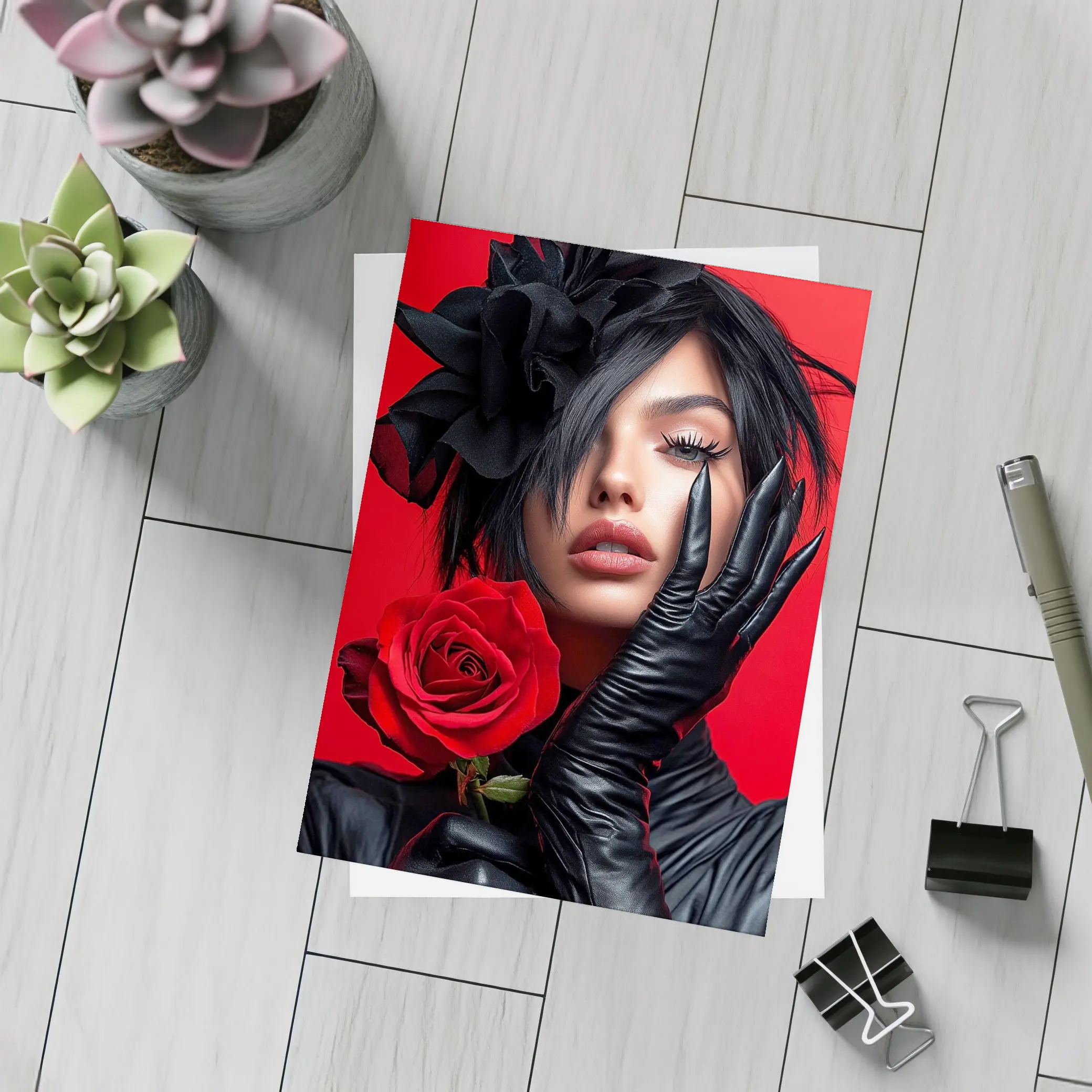 Woman Black Gloves Red Rose Fashion Portrait – Postcards