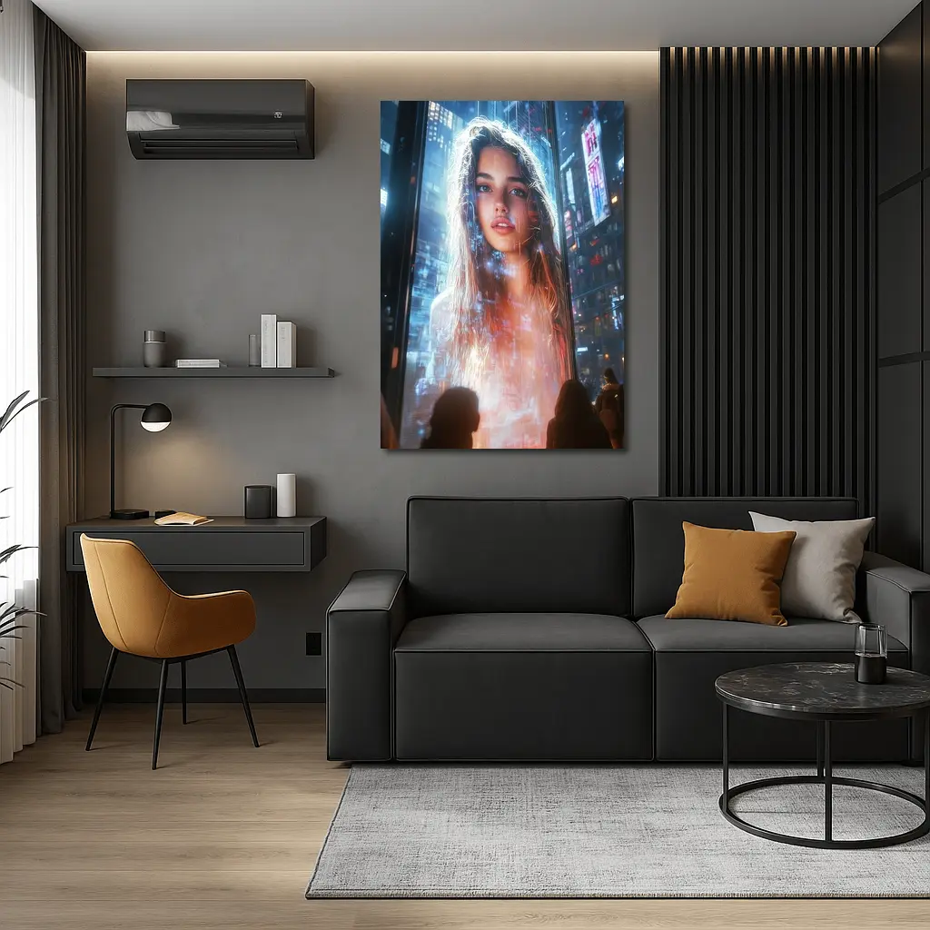 Neon City Girl Holographic Billboard Night – Wall Art