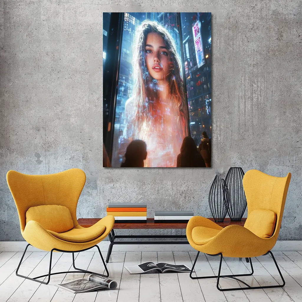 Neon City Girl Holographic Billboard Night – Wall Art