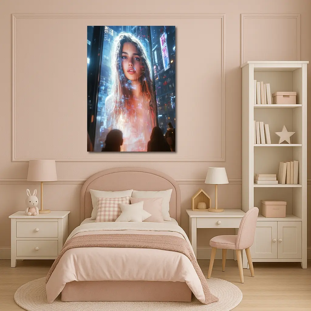 Neon City Girl Holographic Billboard Night – Wall Art