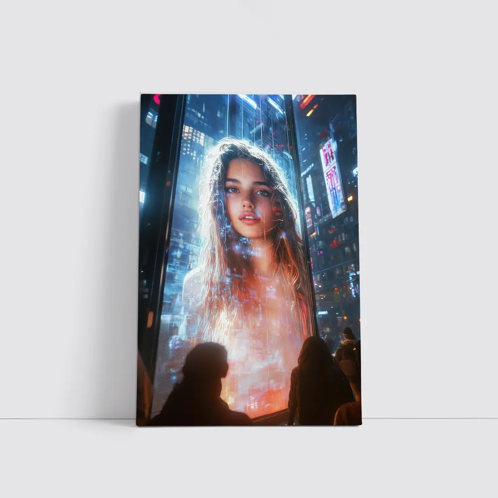 Neon City Girl Holographic Billboard Night – Wall Art