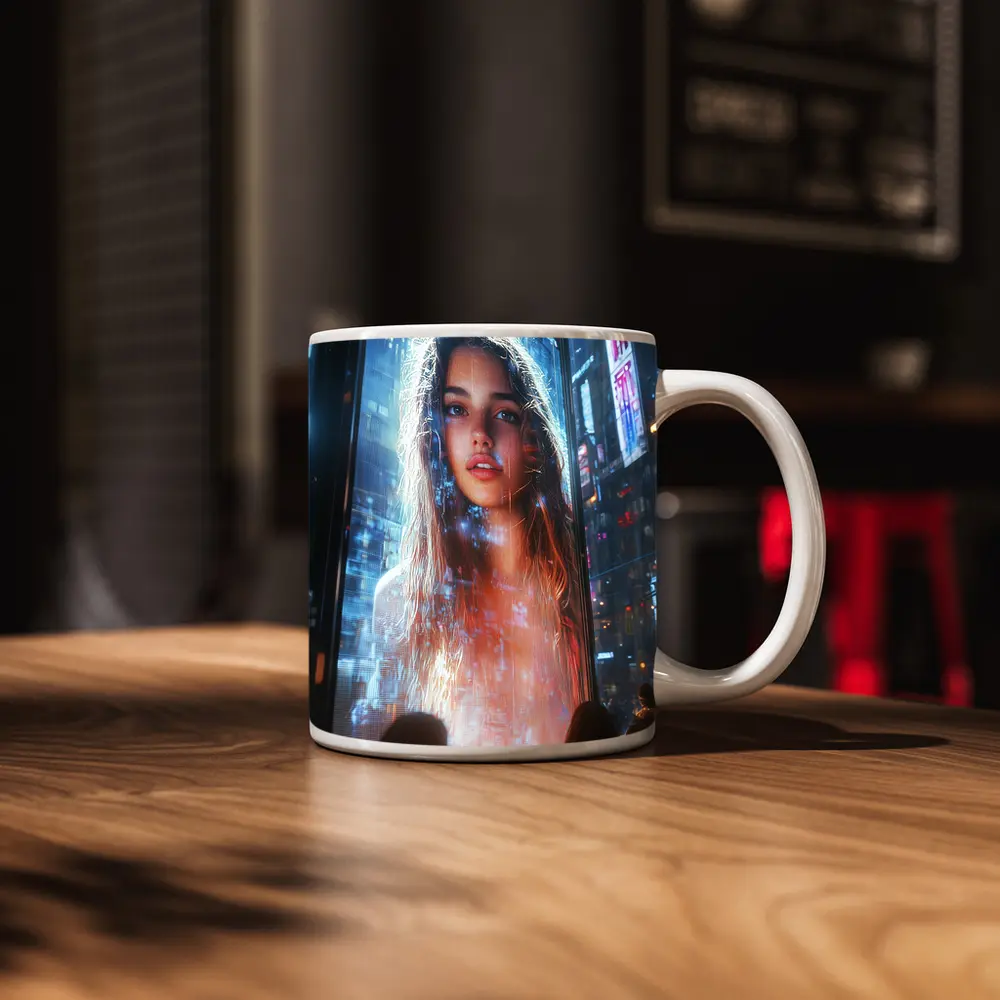 Neon City Girl Holographic Billboard Night – Mugs