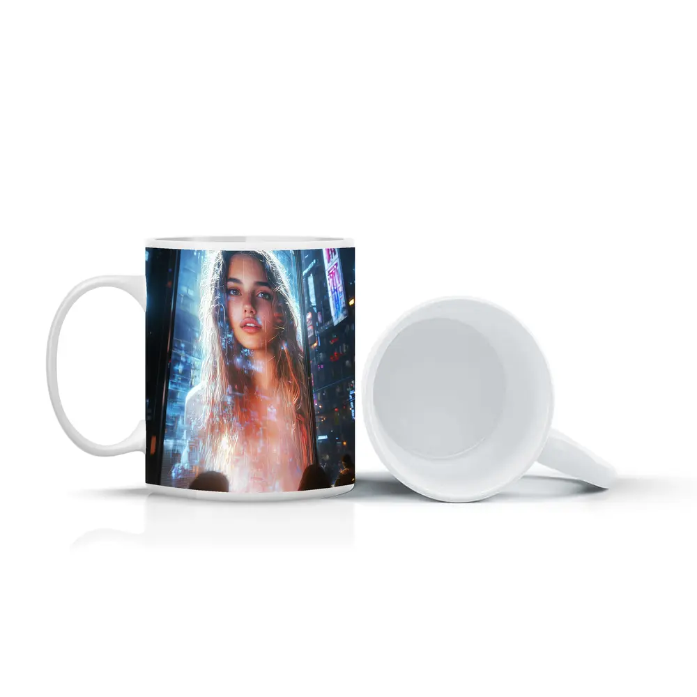 Neon City Girl Holographic Billboard Night – Mugs