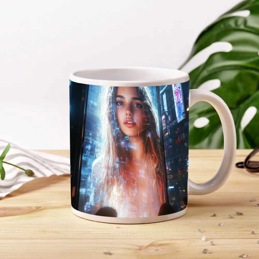 Neon City Girl Holographic Billboard Night – Mugs