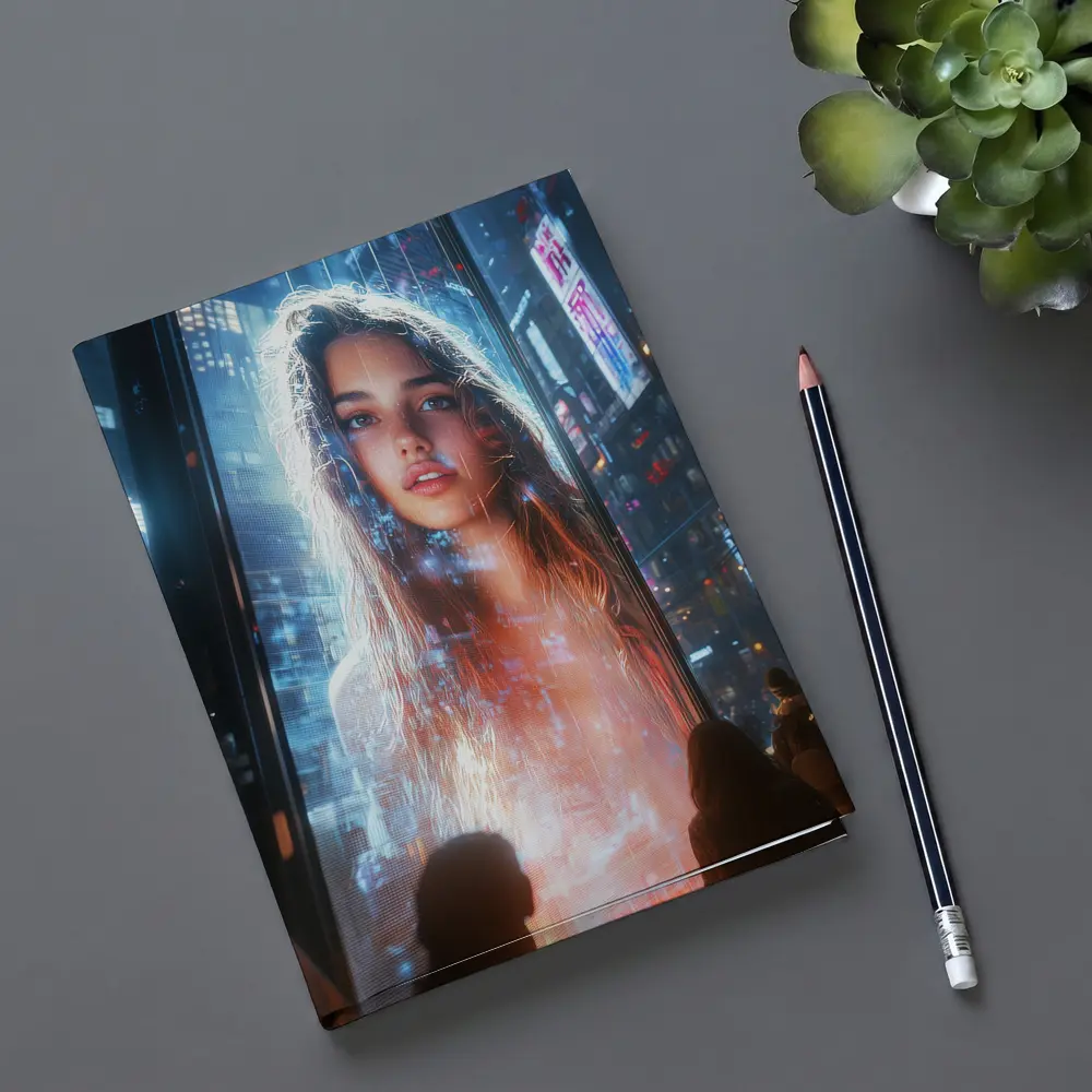 Neon City Girl Holographic Billboard Night – Notebooks