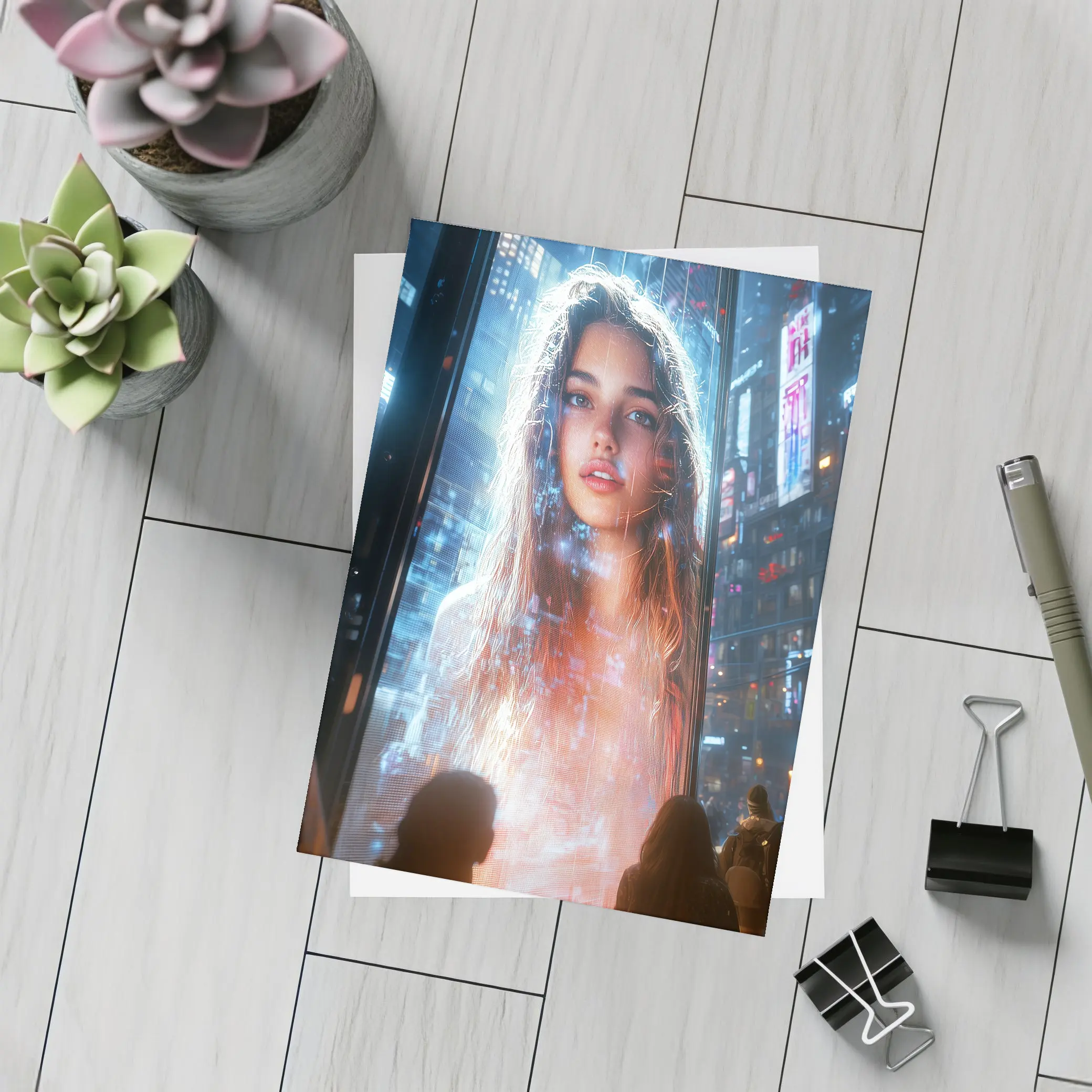 Neon City Girl Holographic Billboard Night – Postcards
