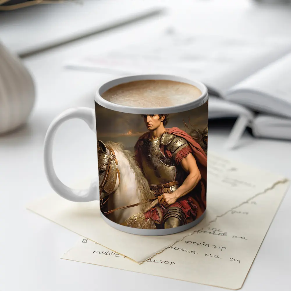 Roman General on White Horse Battle Scene – Mugs
