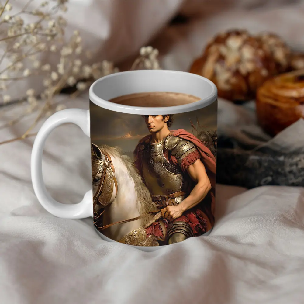 Roman General on White Horse Battle Scene – Mugs