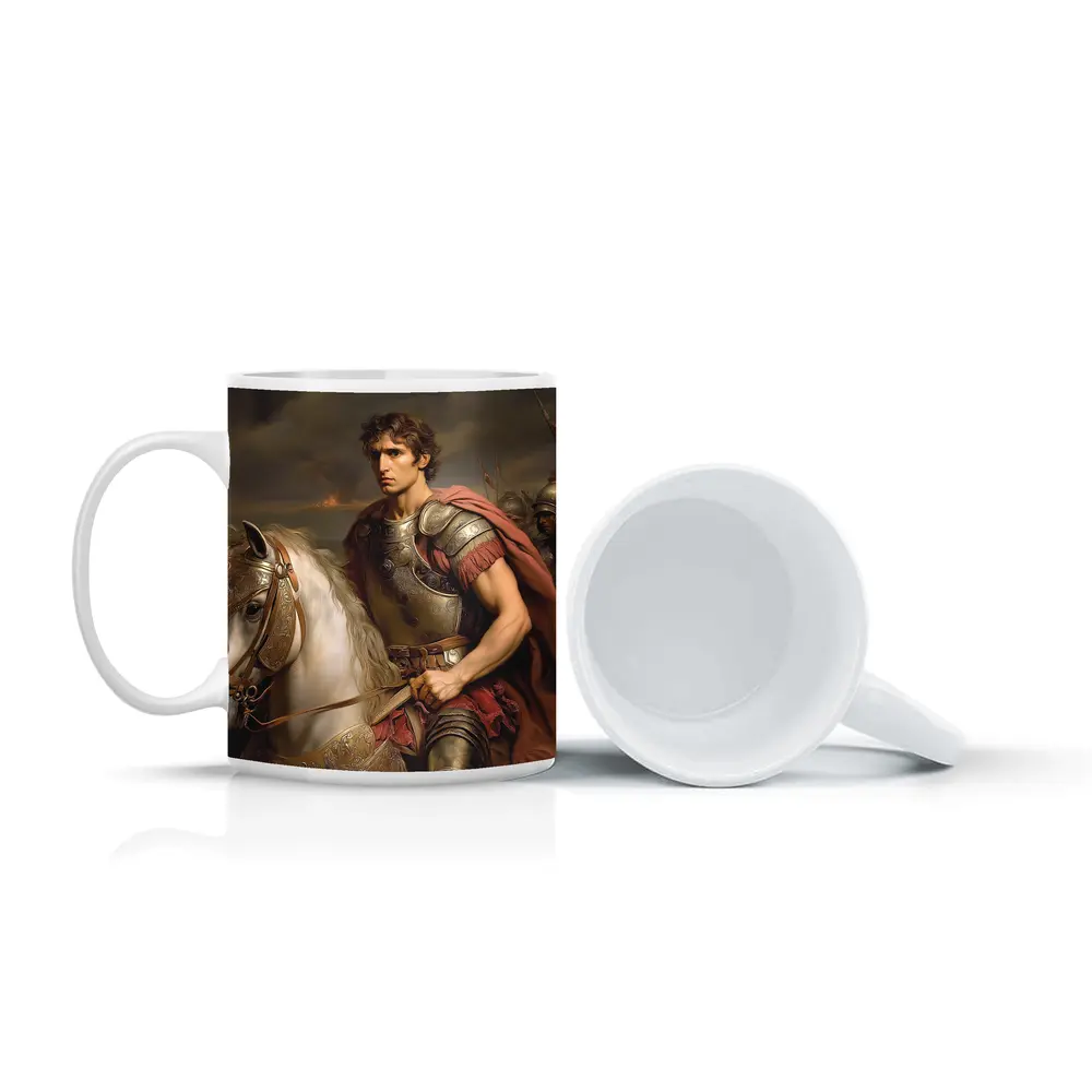 Roman General on White Horse Battle Scene – Mugs