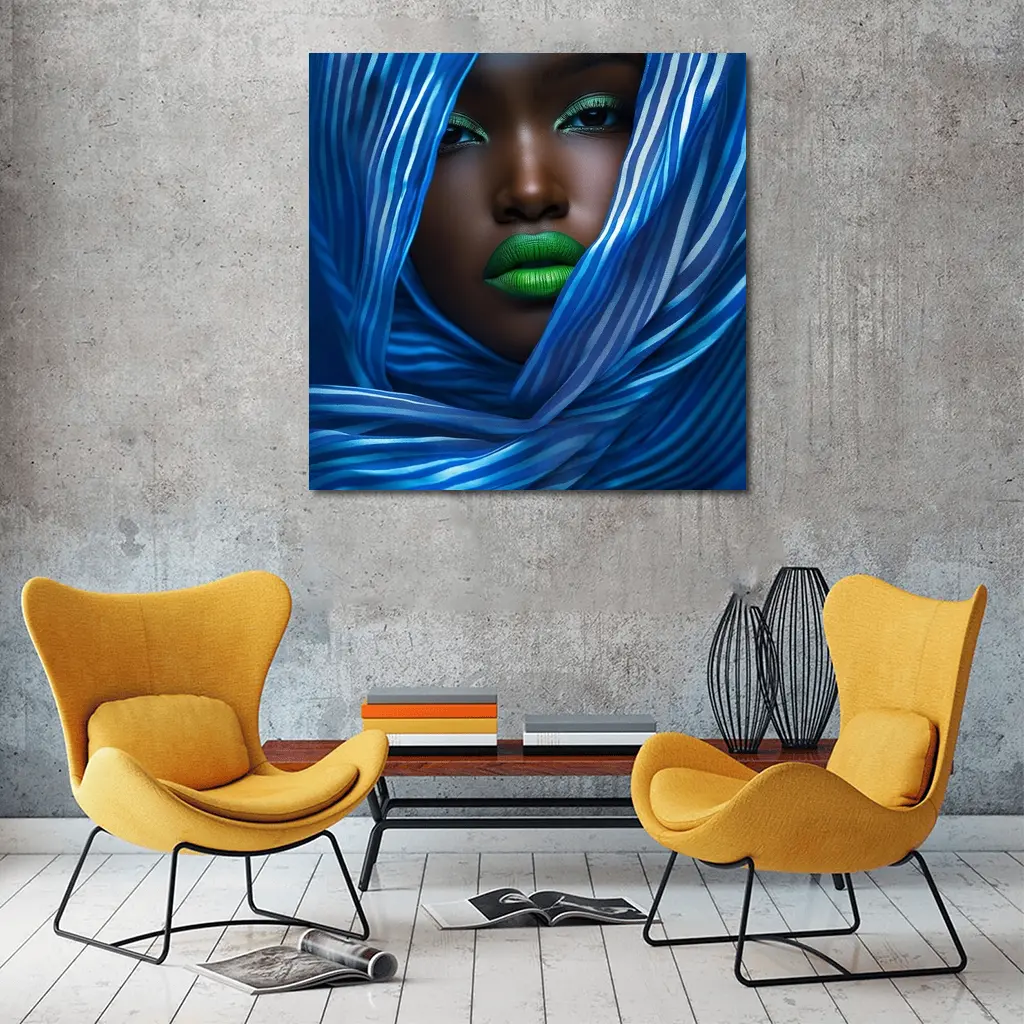 Woman Green Lips Blue Striped Fabric Portrait – Wall Art