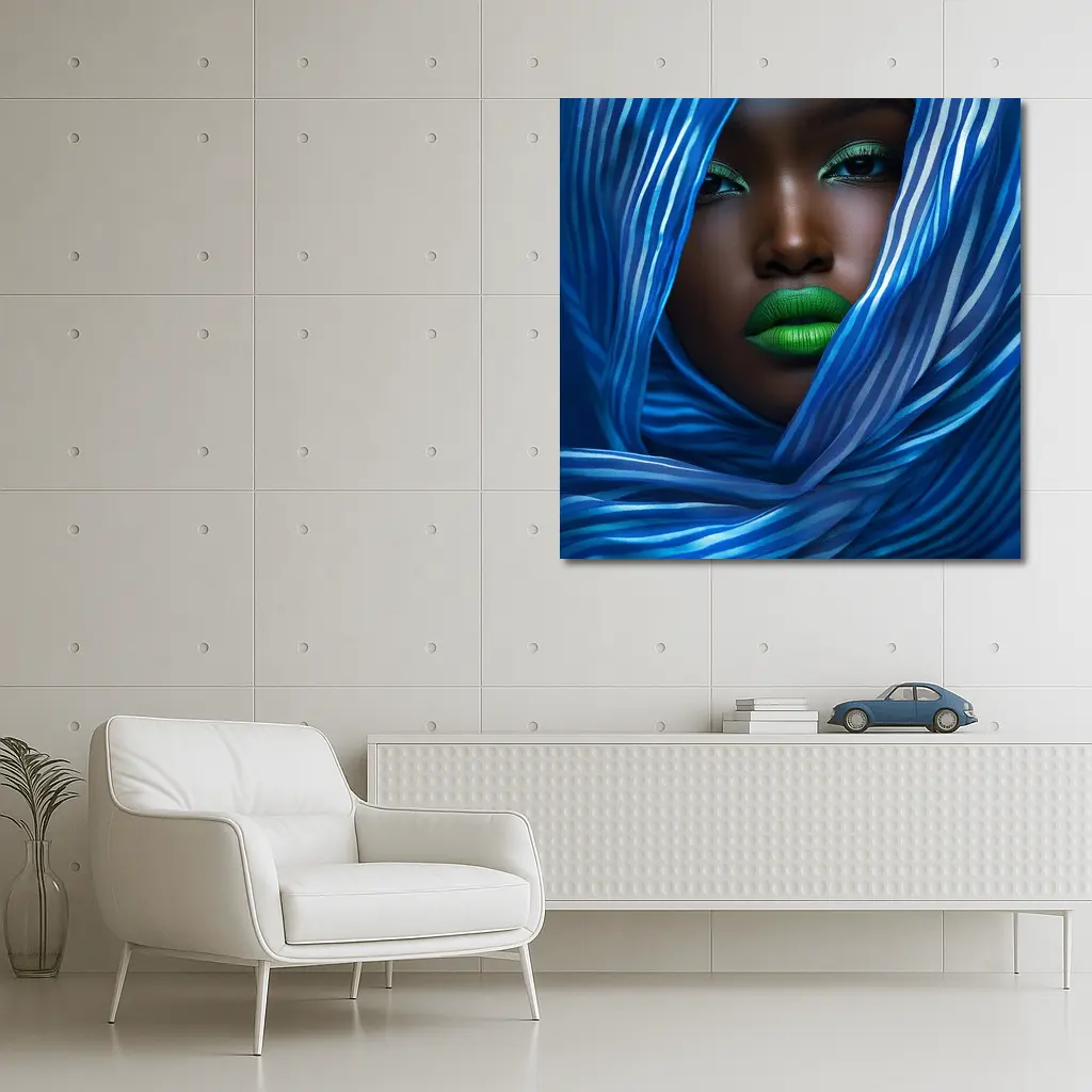 Woman Green Lips Blue Striped Fabric Portrait – Wall Art