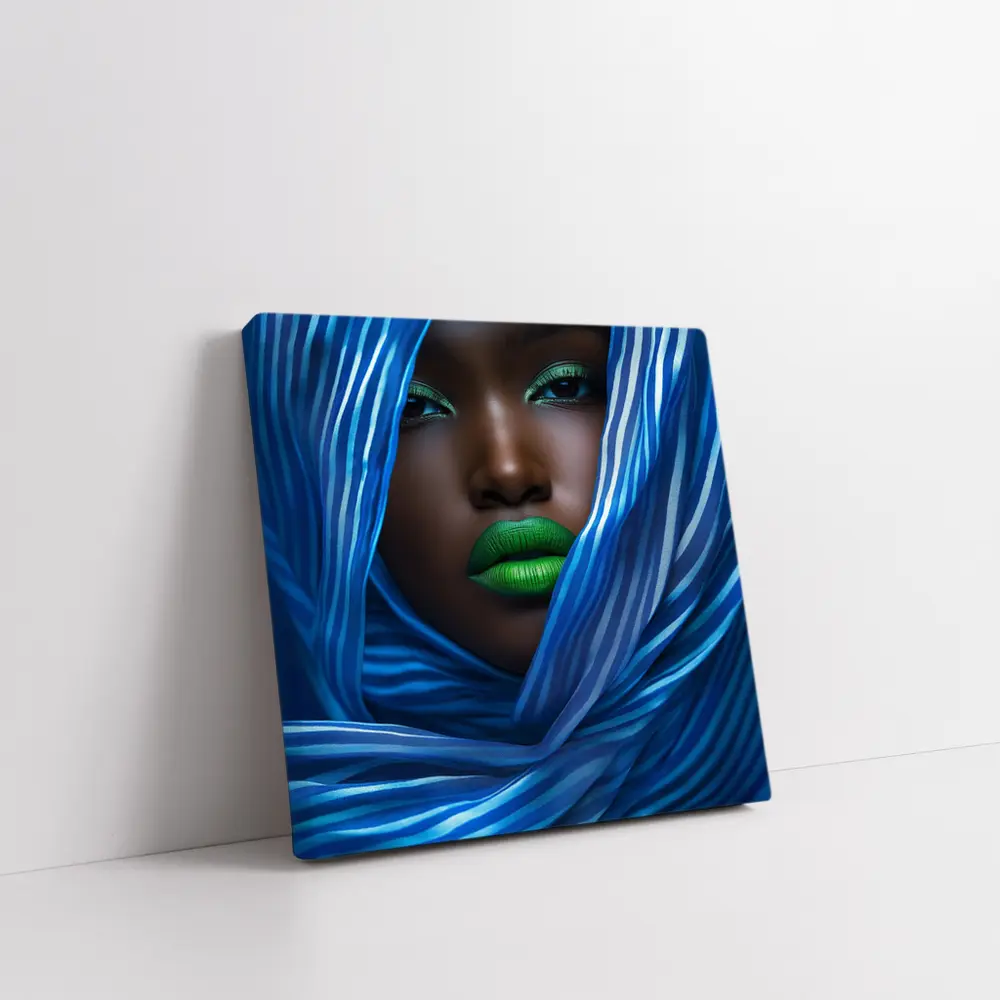 Woman Green Lips Blue Striped Fabric Portrait – Wall Art