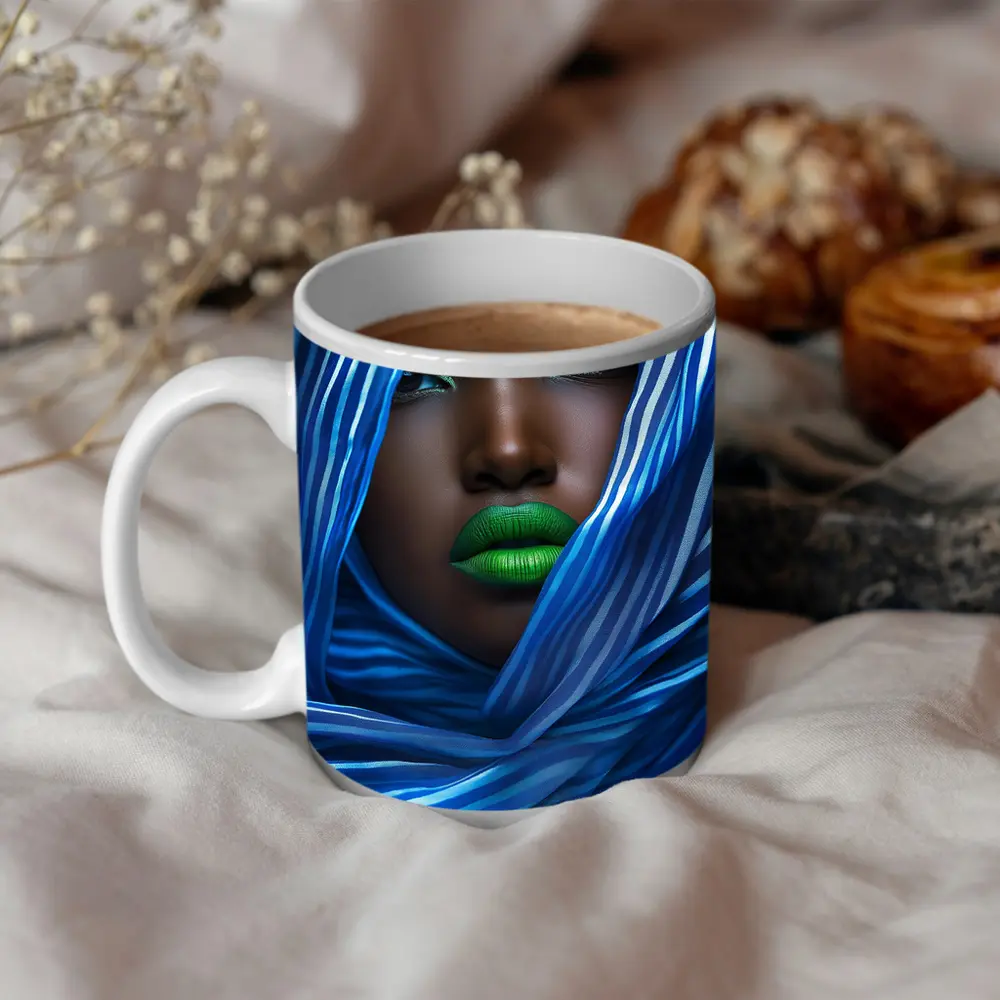 Woman Green Lips Blue Striped Fabric Portrait – Mugs