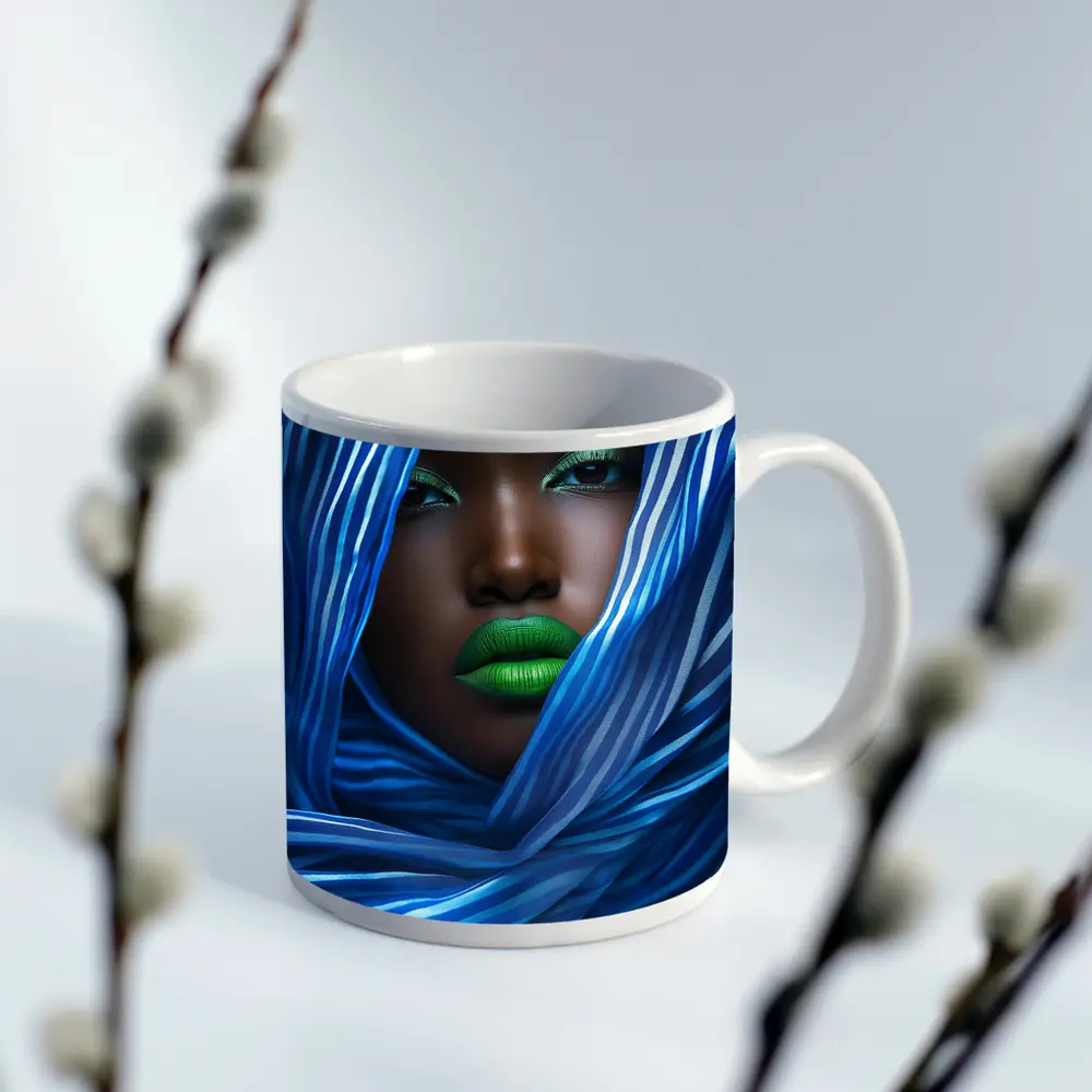 Woman Green Lips Blue Striped Fabric Portrait – Mugs