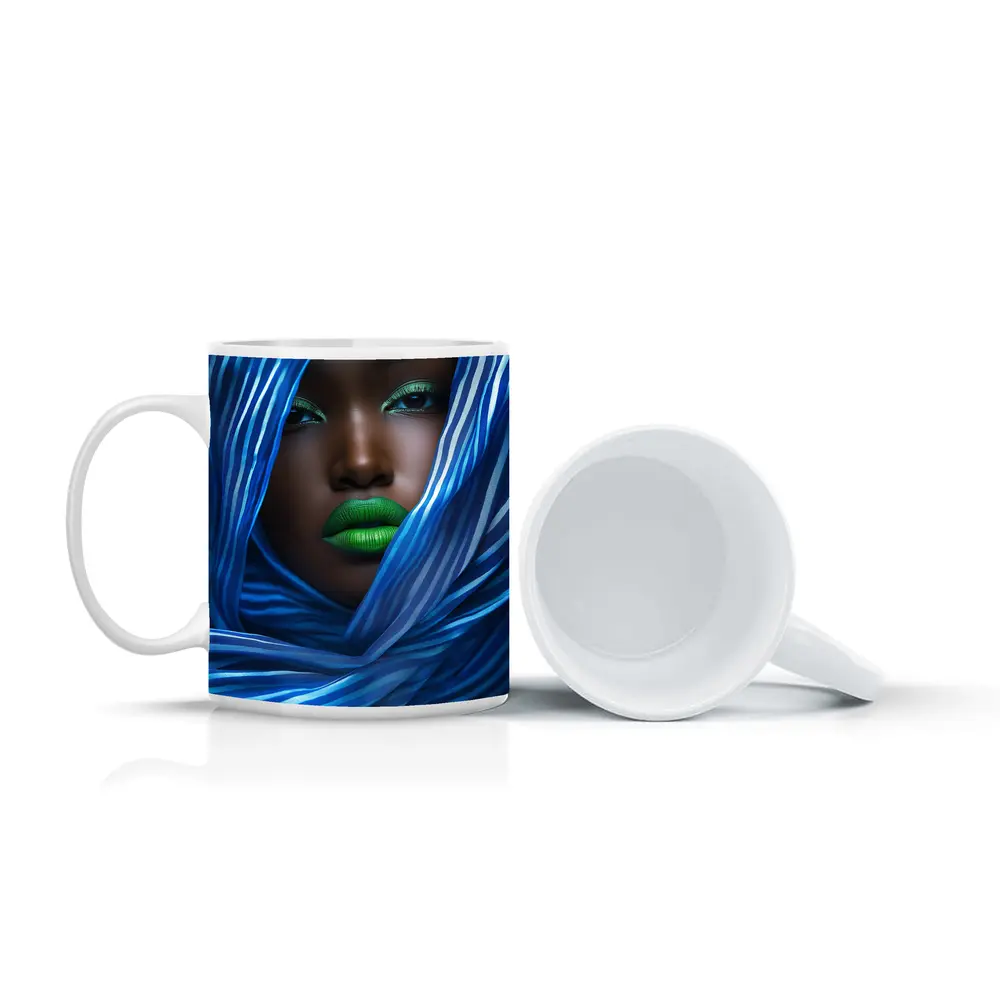 Woman Green Lips Blue Striped Fabric Portrait – Mugs