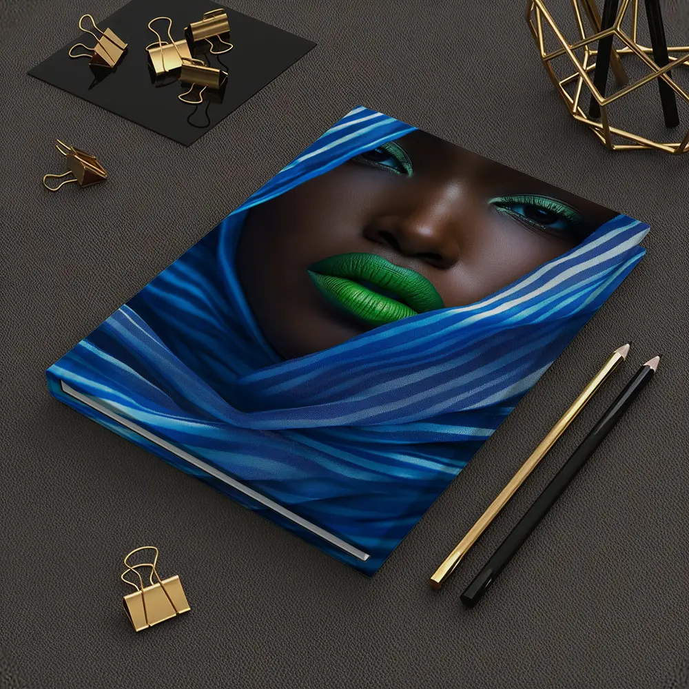 Woman Green Lips Blue Striped Fabric Portrait – Notebooks