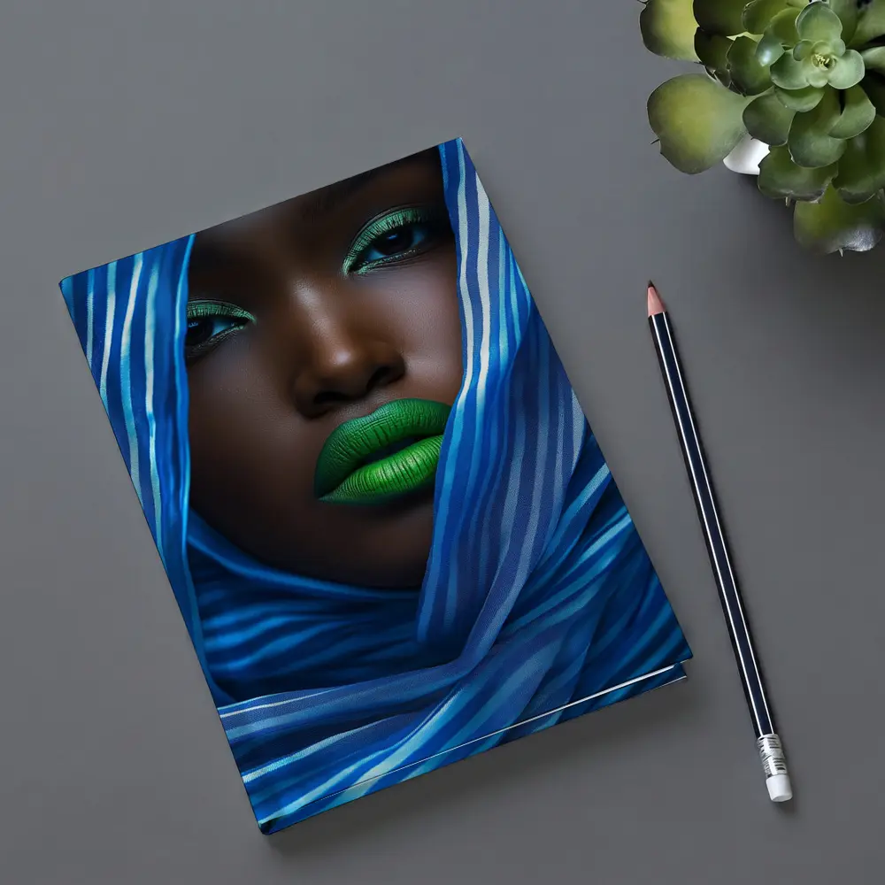 Woman Green Lips Blue Striped Fabric Portrait – Notebooks