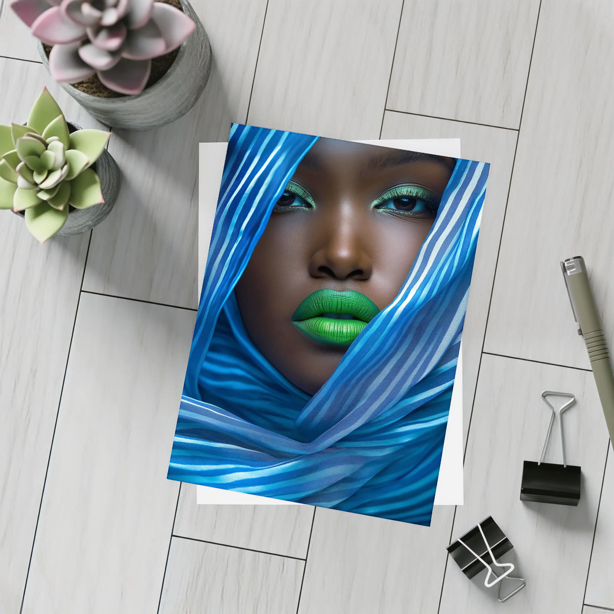 Woman Green Lips Blue Striped Fabric Portrait – Postcards
