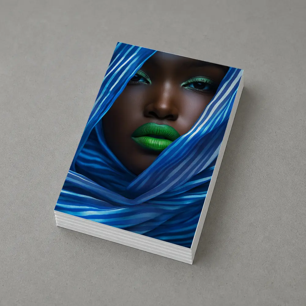 Woman Green Lips Blue Striped Fabric Portrait – Postcards