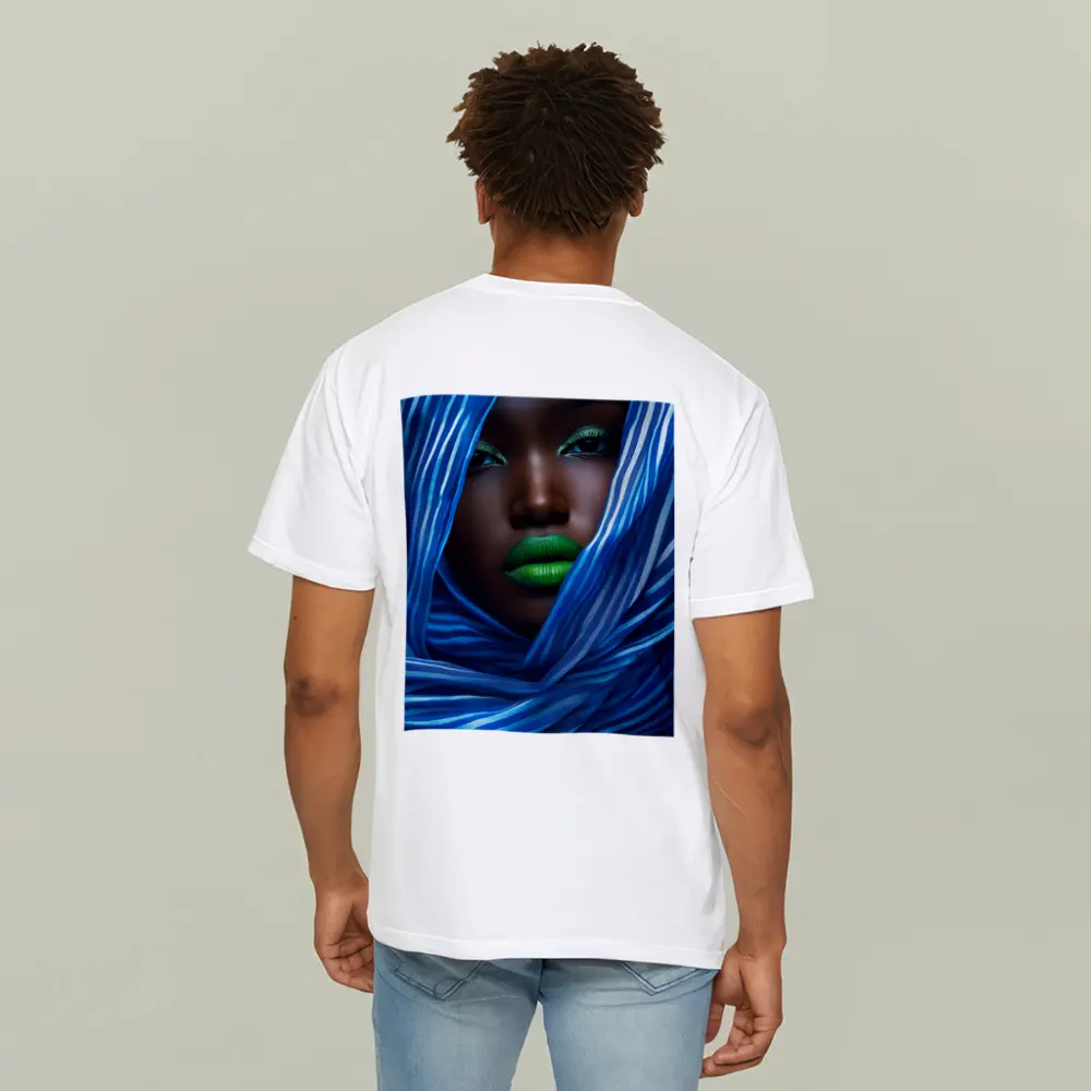 Woman Green Lips Blue Striped Fabric Portrait – T-Shirts