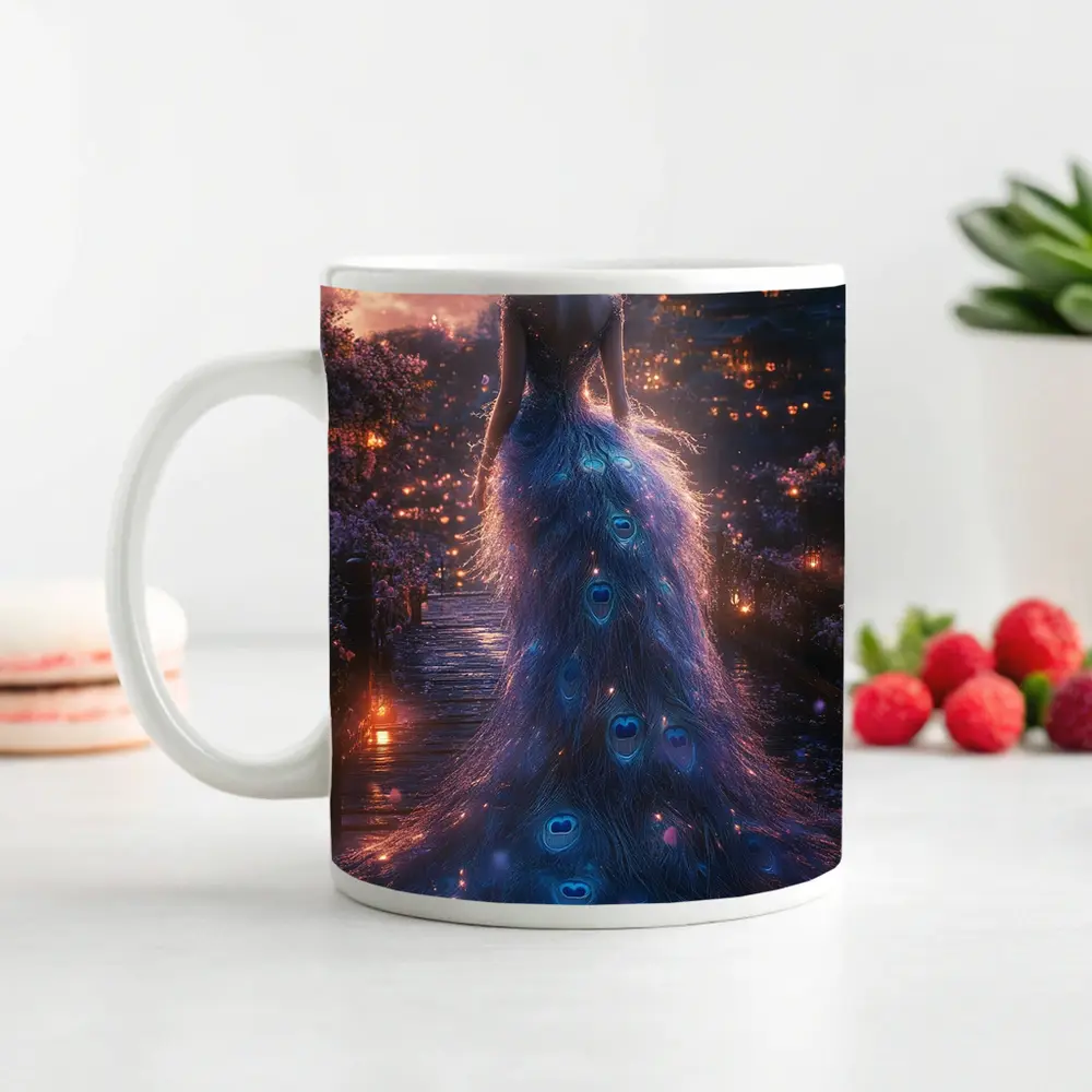 Woman Peacock Gown Fantasy Garden Night – Mugs