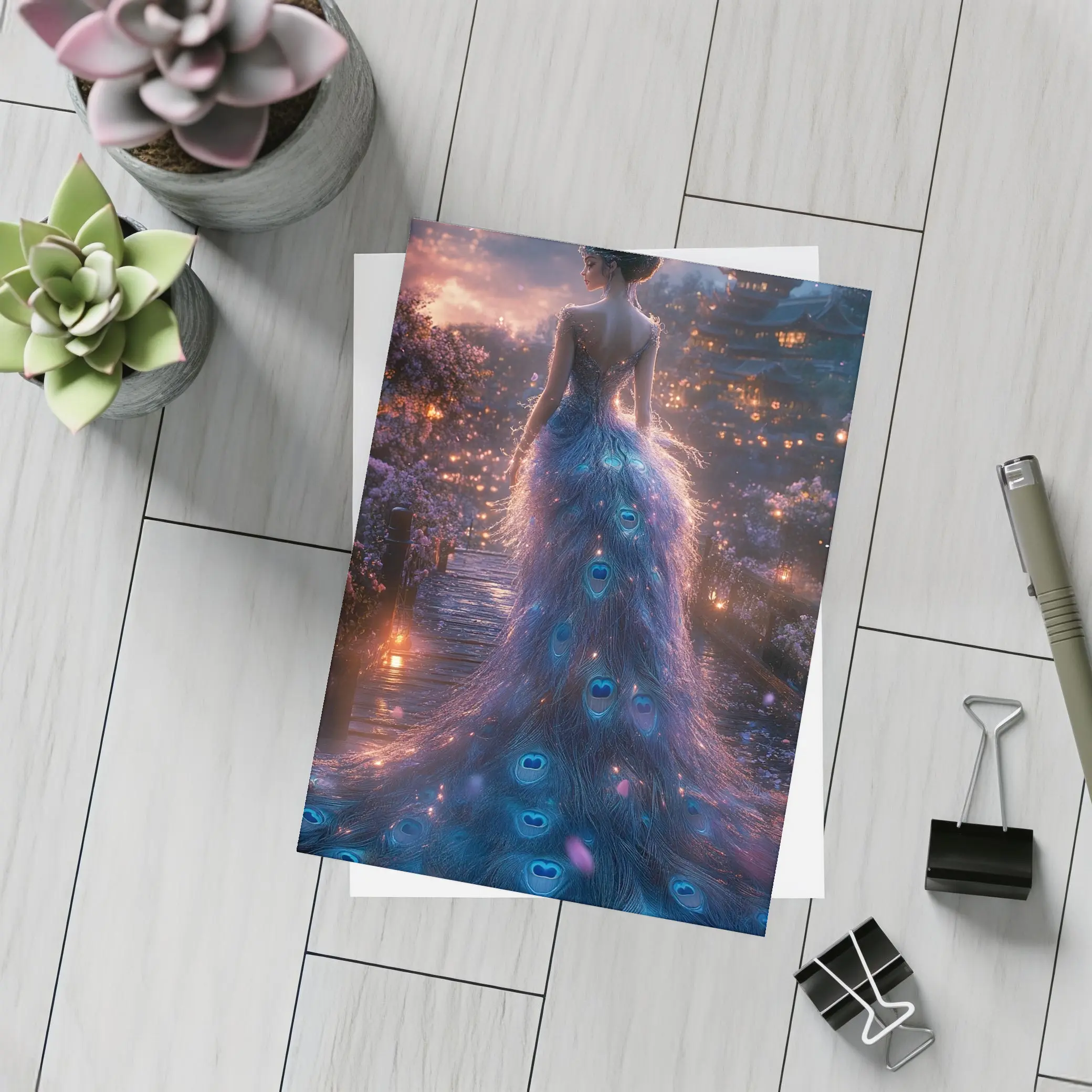 Woman Peacock Gown Fantasy Garden Night – Postcards