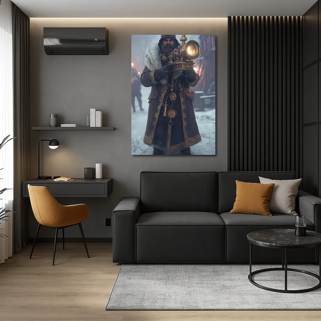 Steampunk Soldier With Lantern Snowy Night – Wall Art