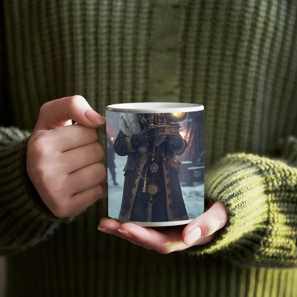 Steampunk Soldier With Lantern Snowy Night – Mugs
