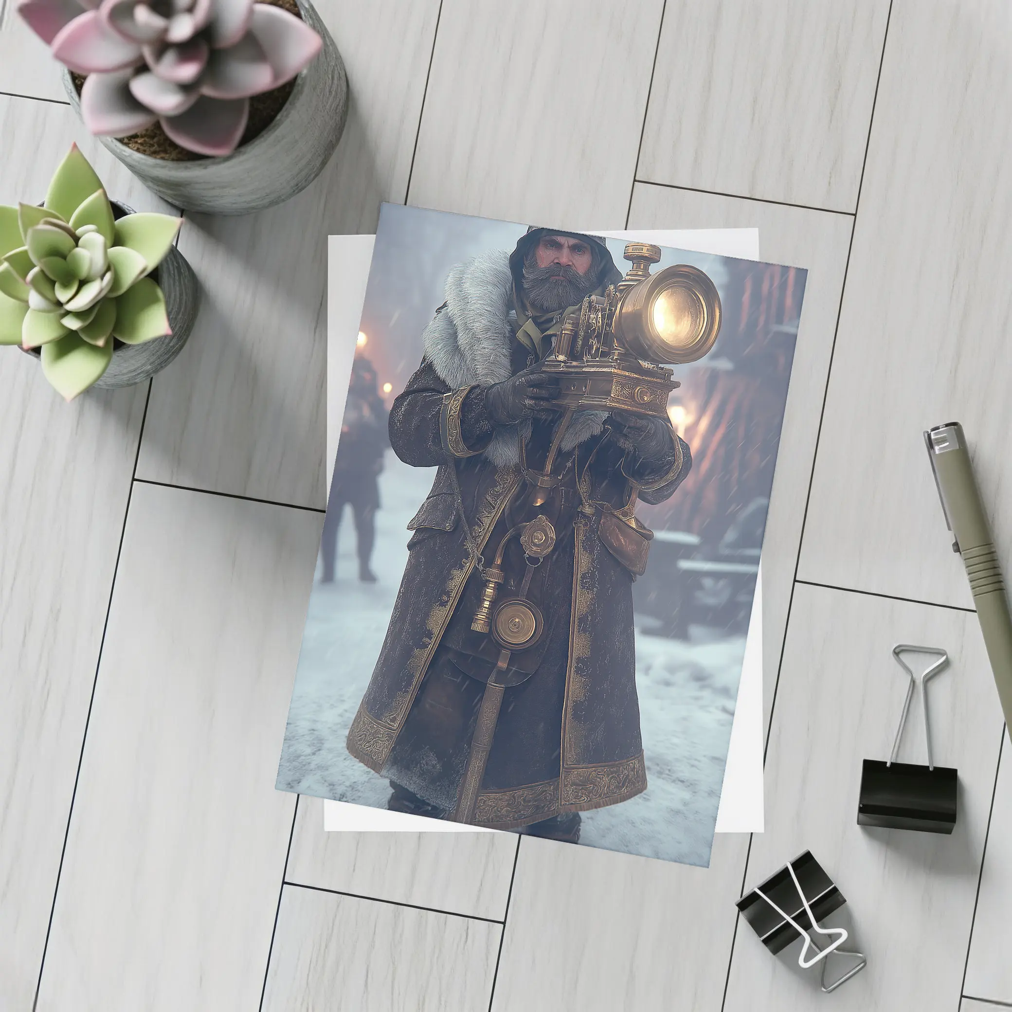 Steampunk Soldier With Lantern Snowy Night – Postcards