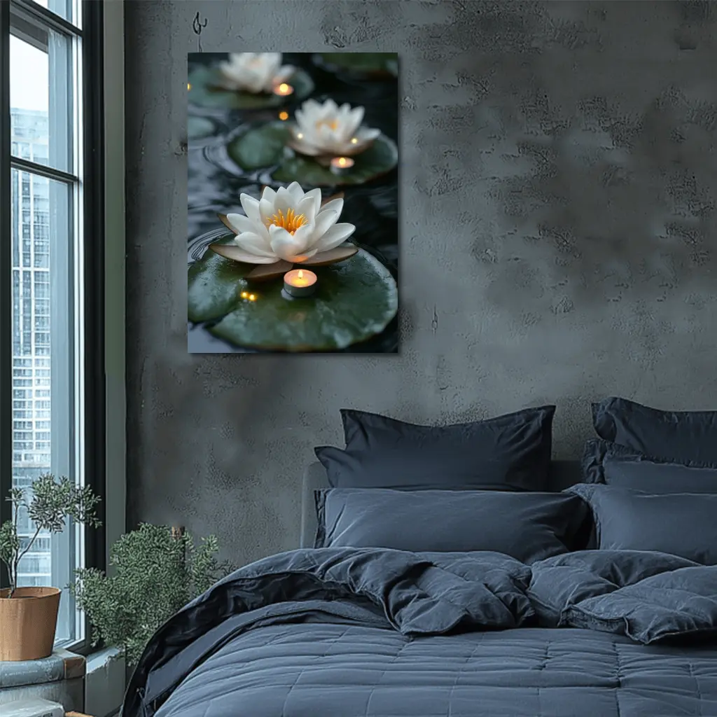 White Lotus Flowers Floating on Dark Water – Wall Art
