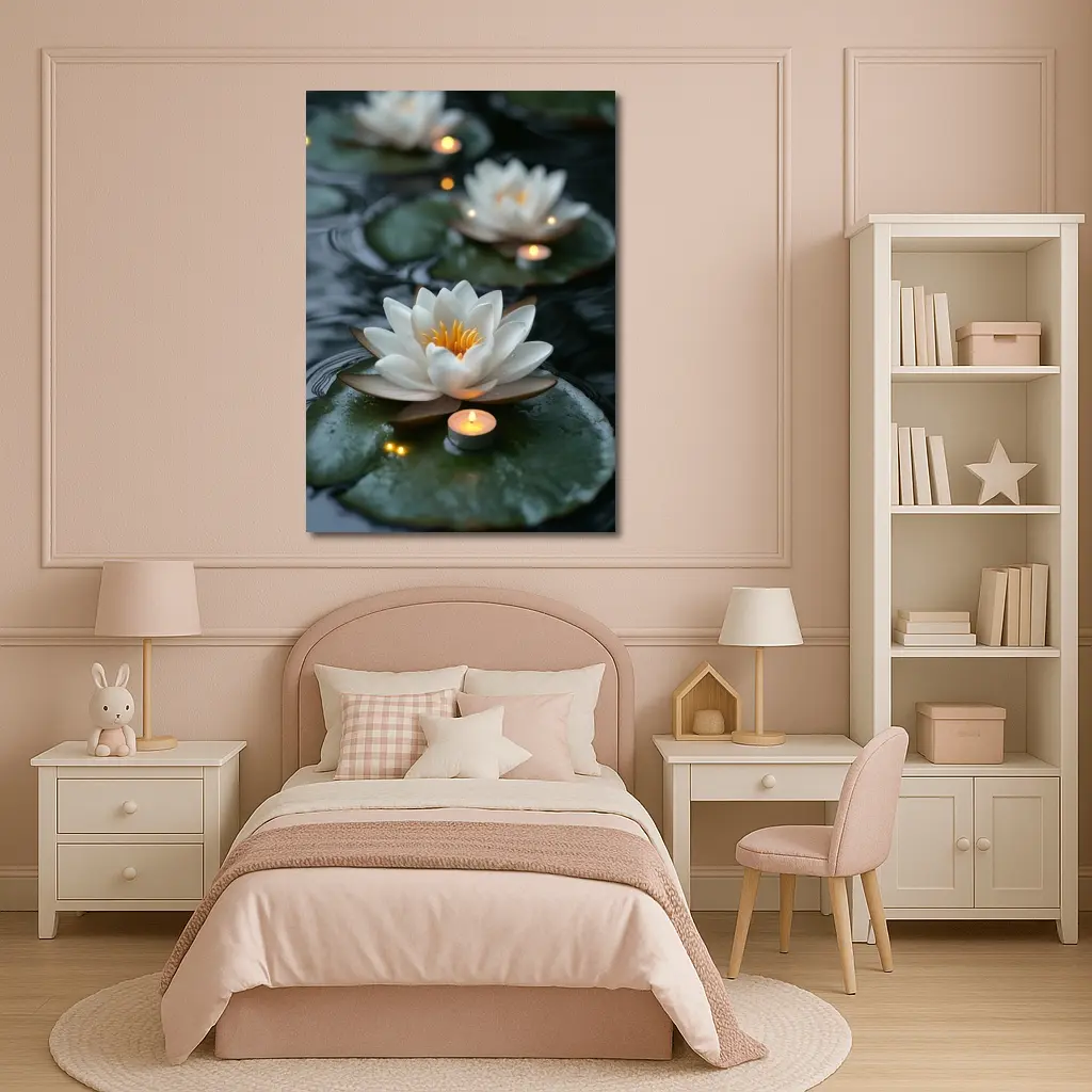 White Lotus Flowers Floating on Dark Water – Wall Art