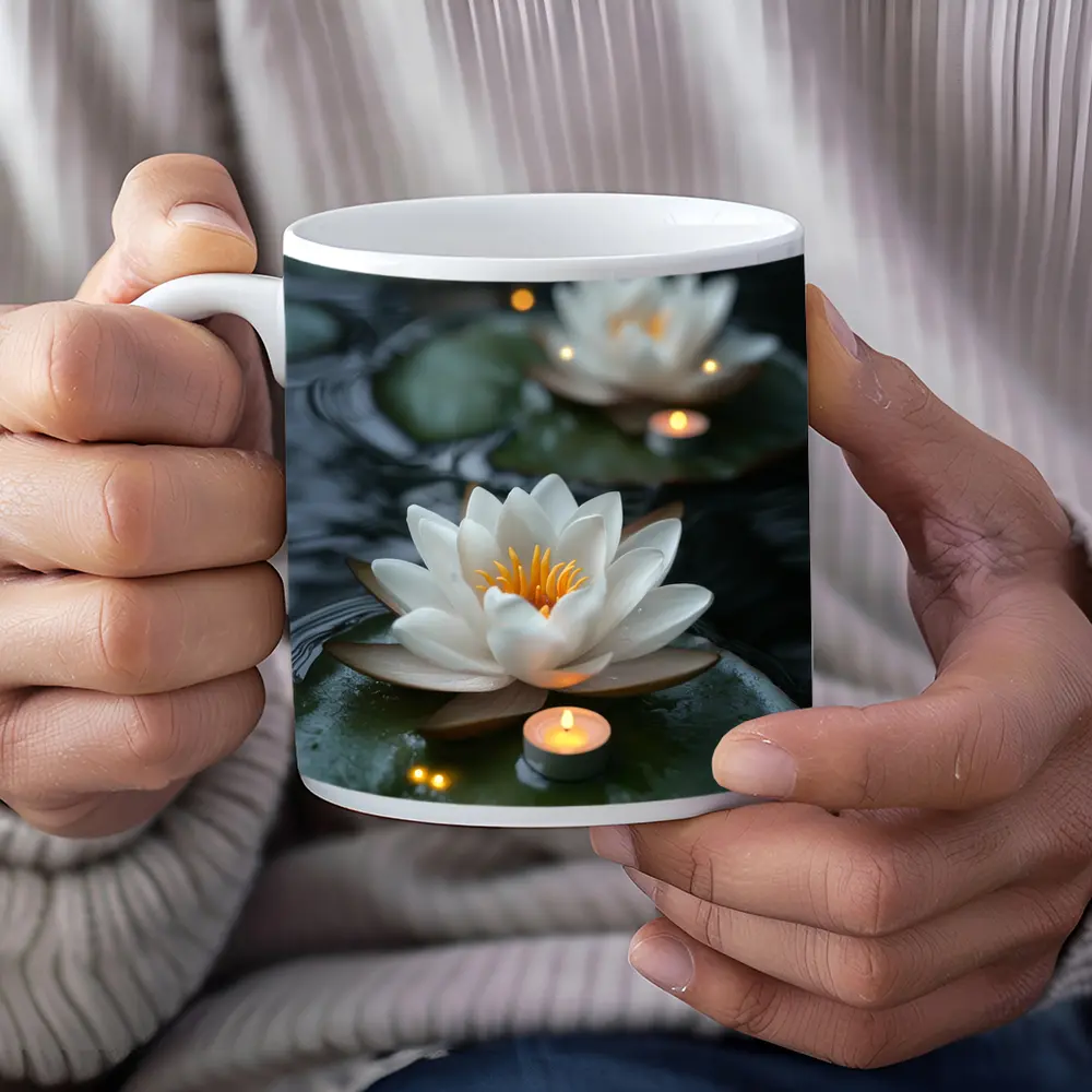 White Lotus Flowers Floating on Dark Water – Mugs