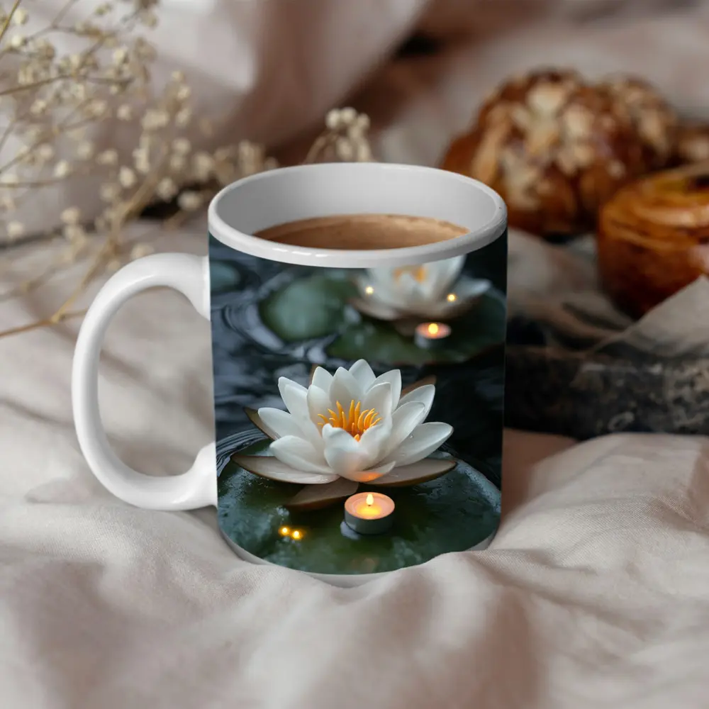 White Lotus Flowers Floating on Dark Water – Mugs