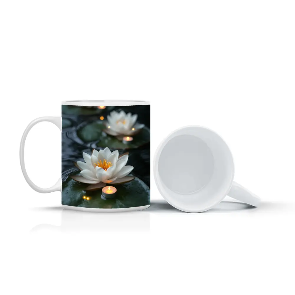 White Lotus Flowers Floating on Dark Water – Mugs