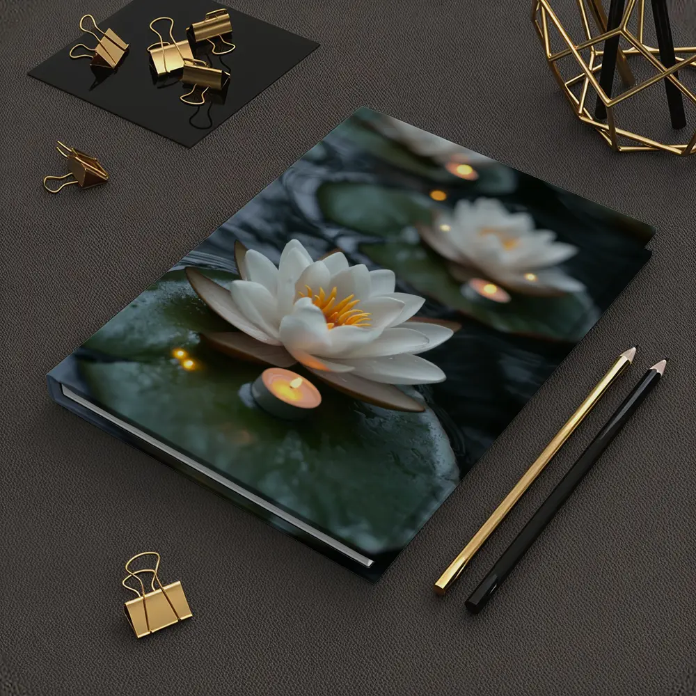 White Lotus Flowers Floating on Dark Water – Notebooks