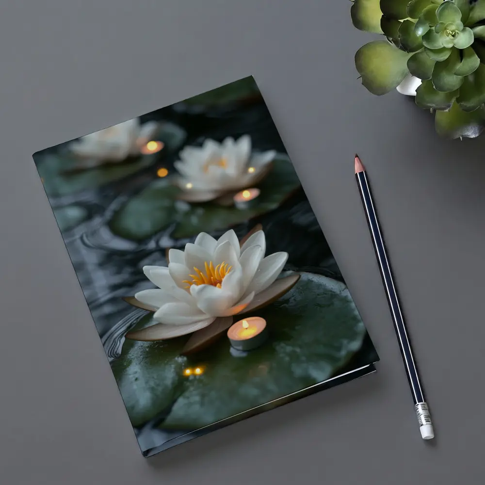 White Lotus Flowers Floating on Dark Water – Notebooks