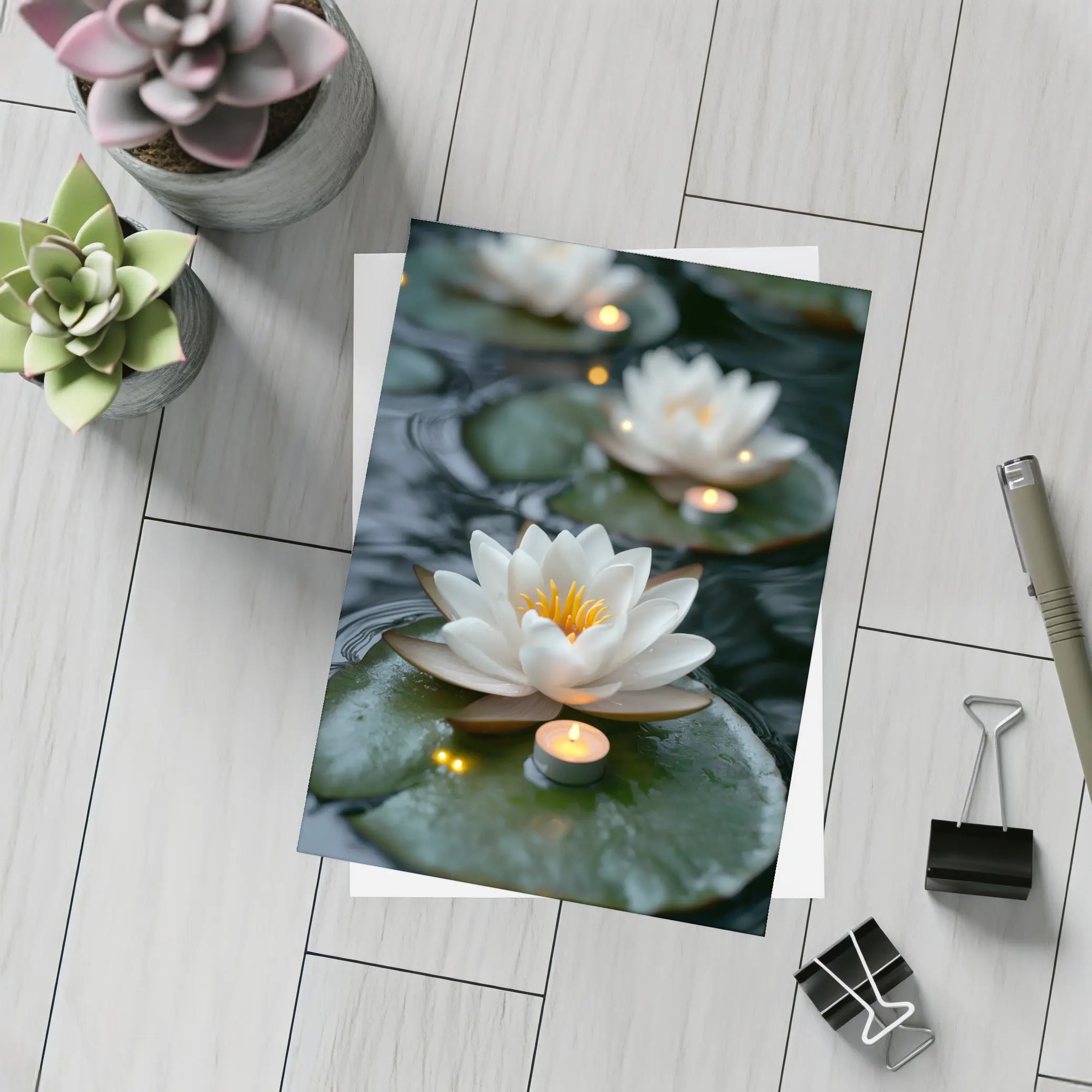 White Lotus Flowers Floating on Dark Water – Postcards
