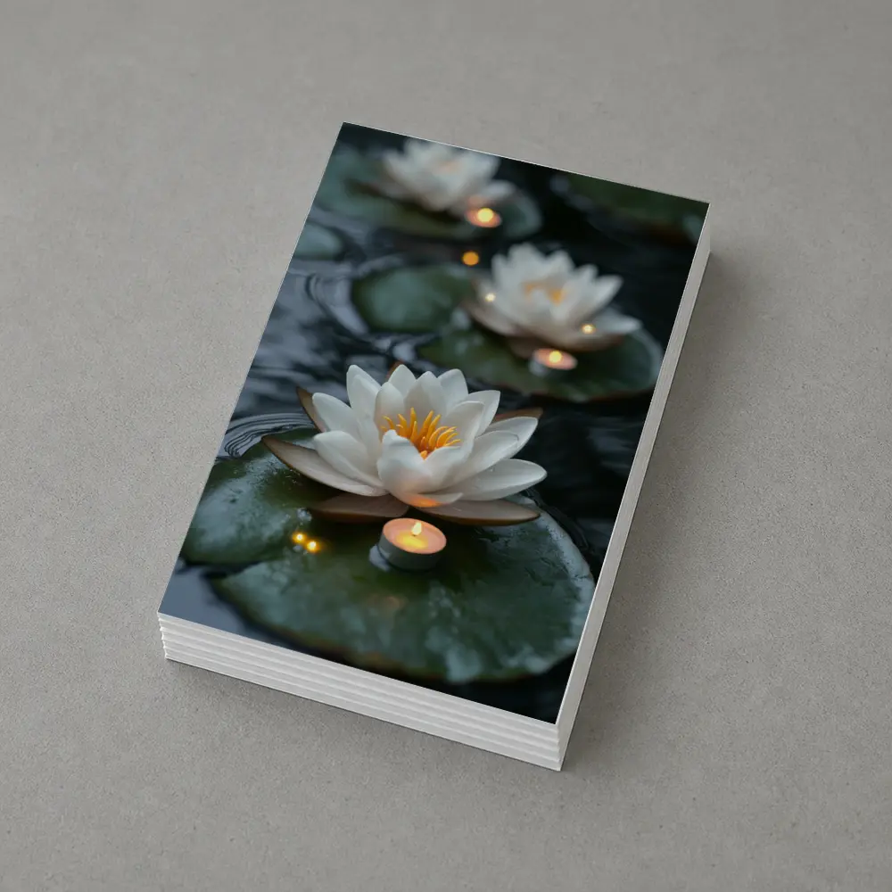White Lotus Flowers Floating on Dark Water – Postcards