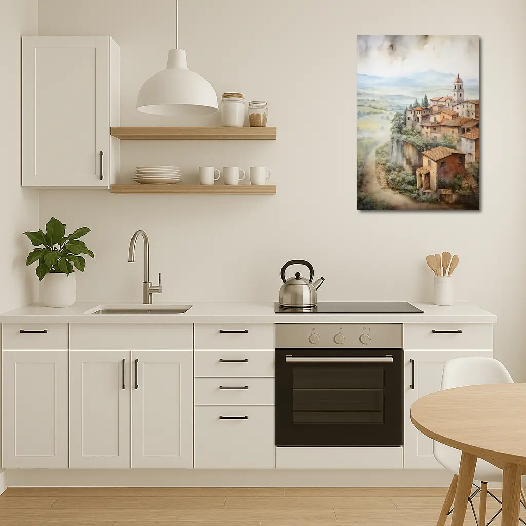 Tuscan Hilltop Village Watercolor Painting Art – Wall Art