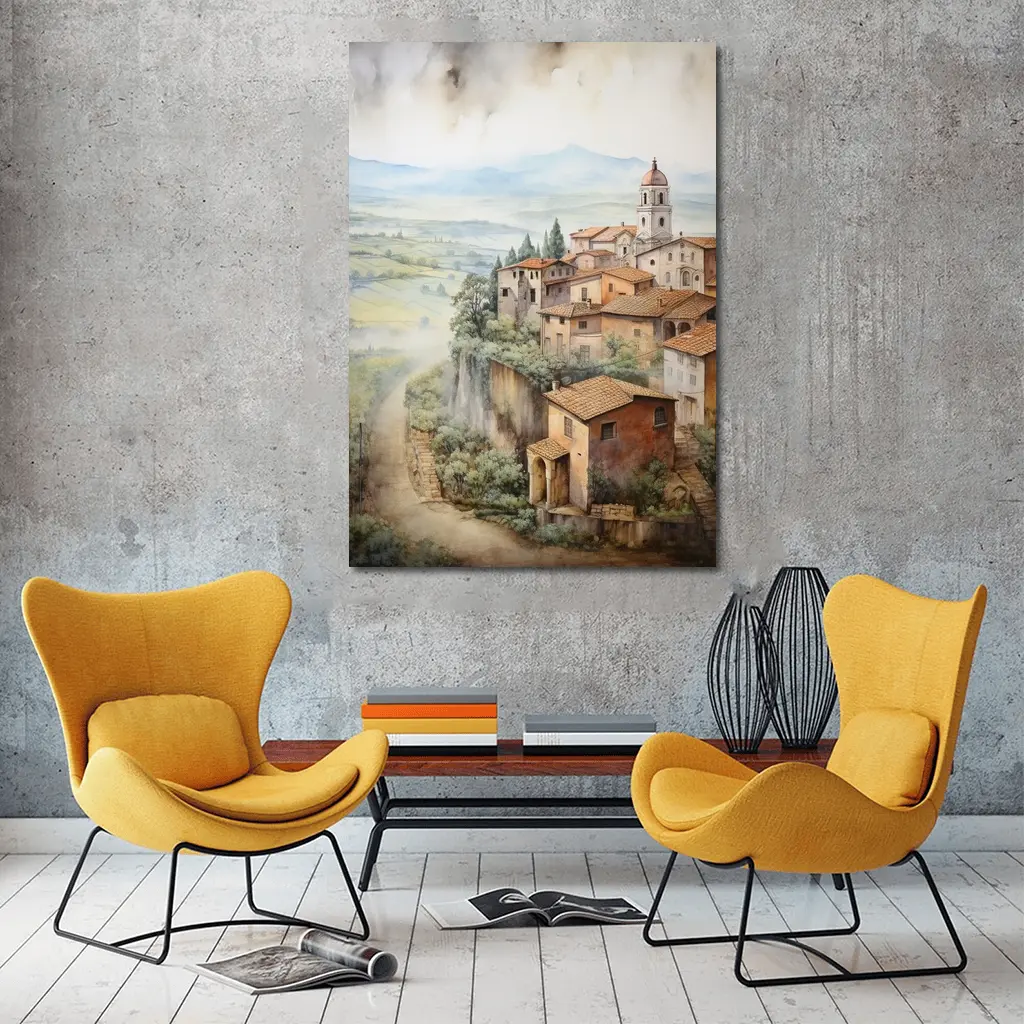 Tuscan Hilltop Village Watercolor Painting Art – Wall Art