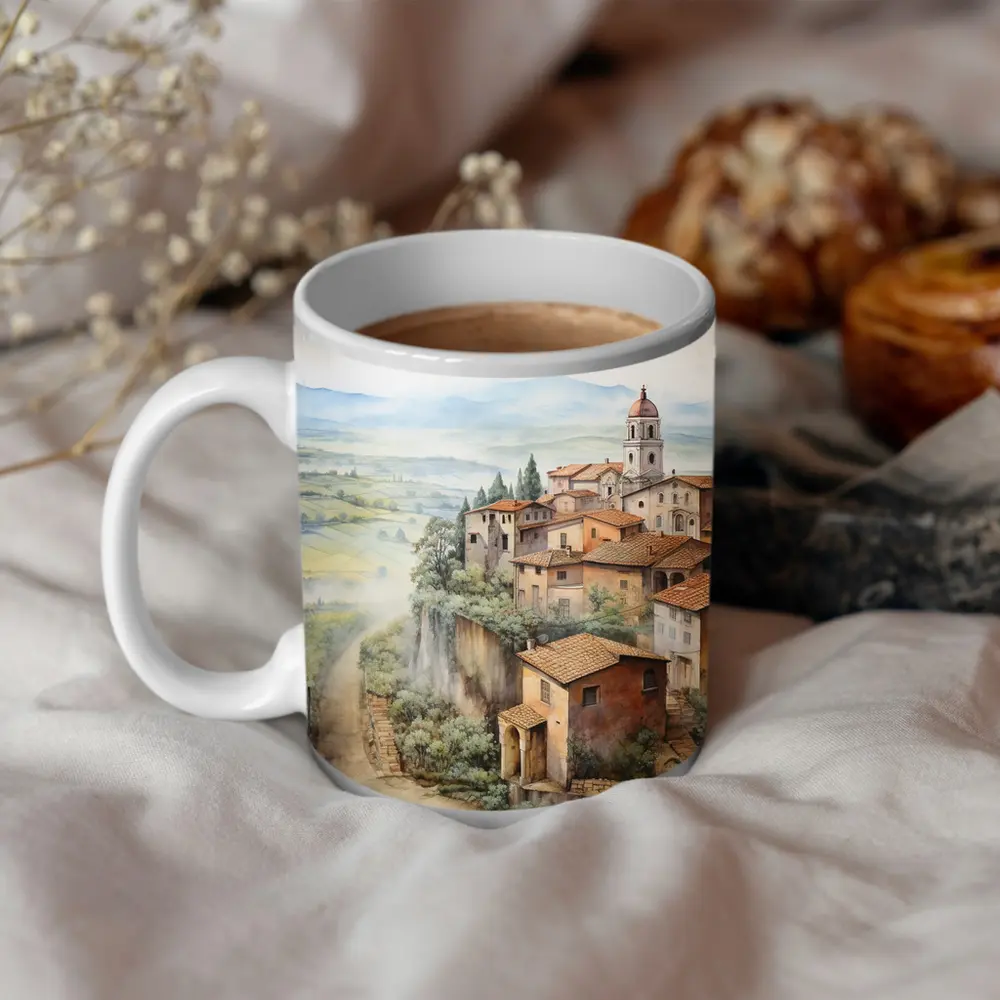 Tuscan Hilltop Village Watercolor Painting Art – Mugs