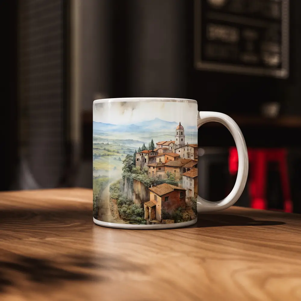 Tuscan Hilltop Village Watercolor Painting Art – Mugs